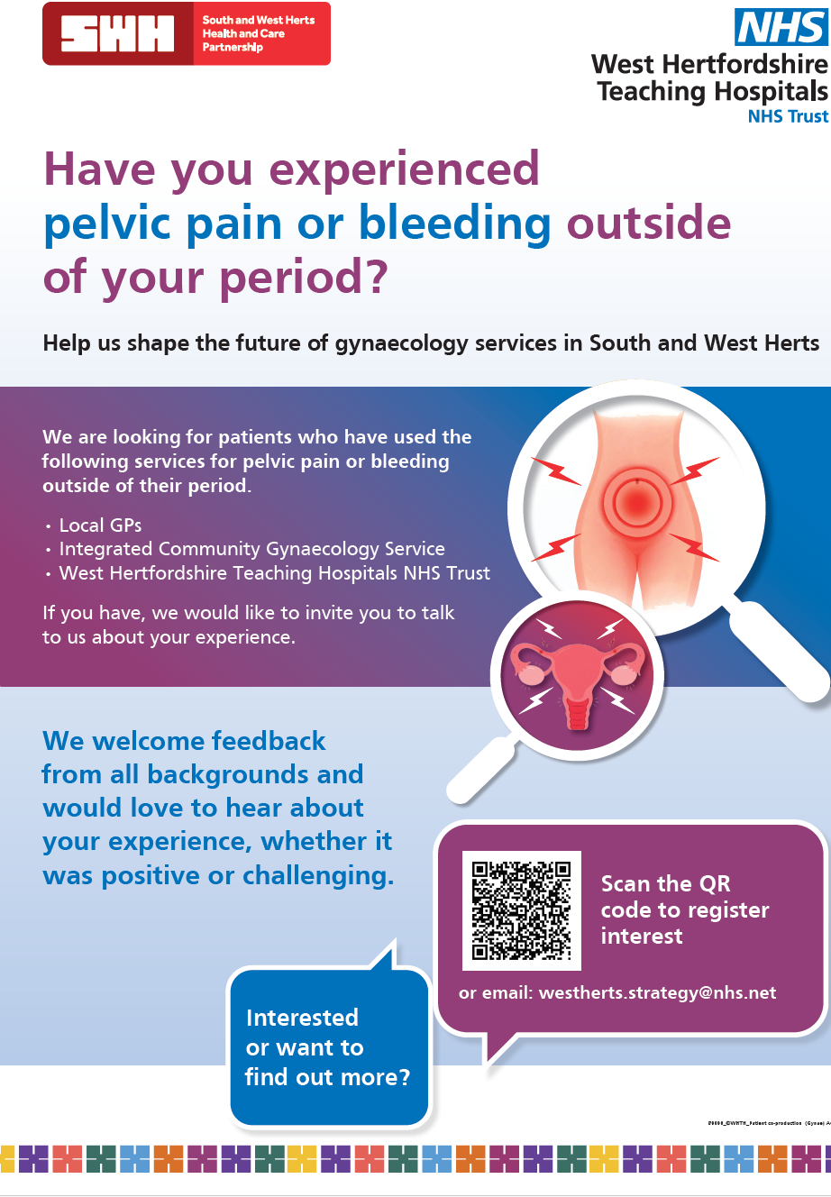 A health services outreach flyer from West Hertfordshire Teaching Hospitals NHS Trust asking about pelvic pain or bleeding outside of periods, encouraging feedback, with illustrations of the female reproductive system and a magnifying glass.