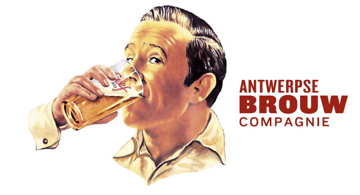 Stylized illustration of a man with slicked-back hair drinking a glass of beer, with red text that reads "Antwerpse Brouw Compagnie."
