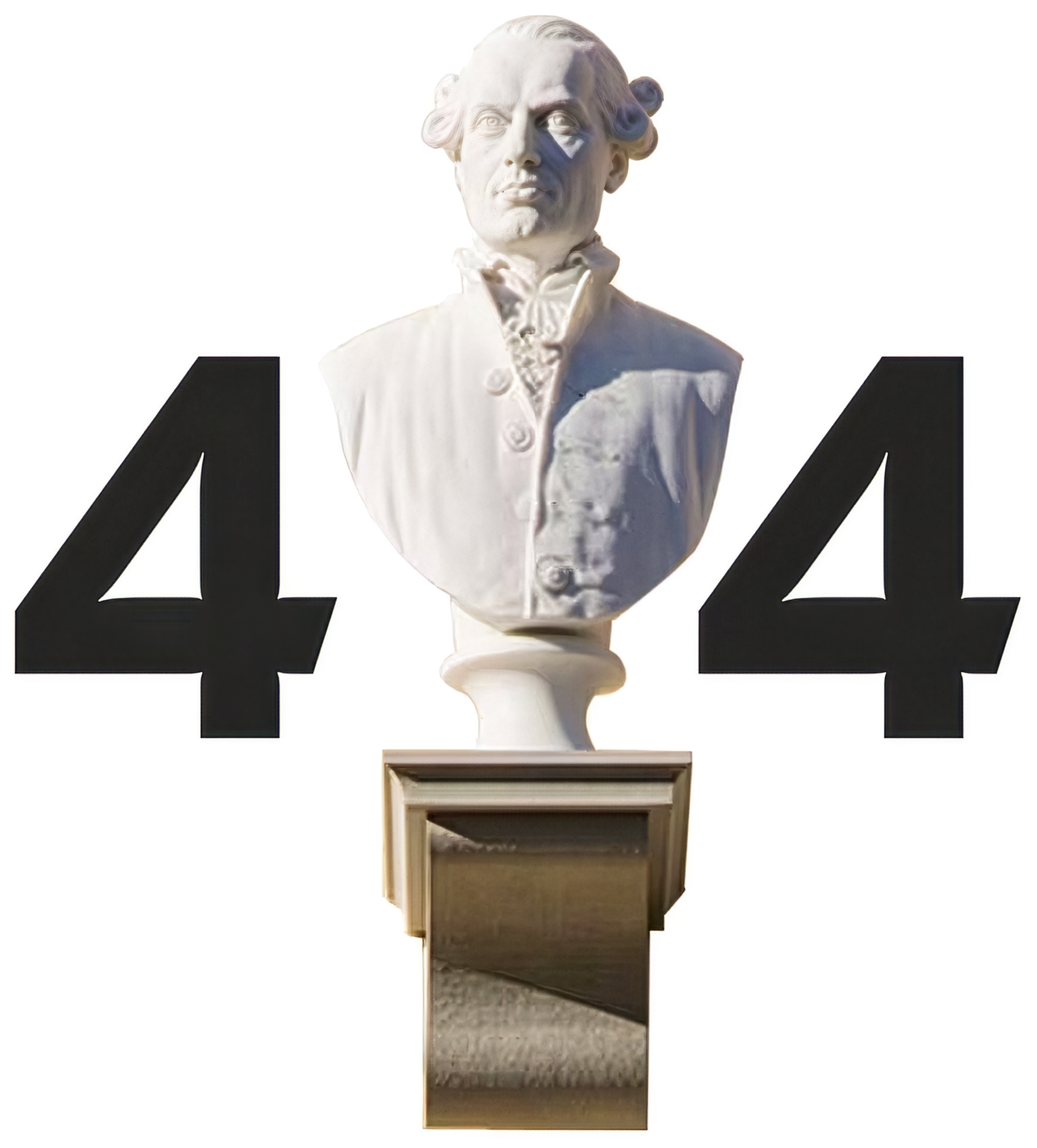 Bust of a historical figure with large black numbers 4 and 4 on either side, mounted on a pedestal against a white background.