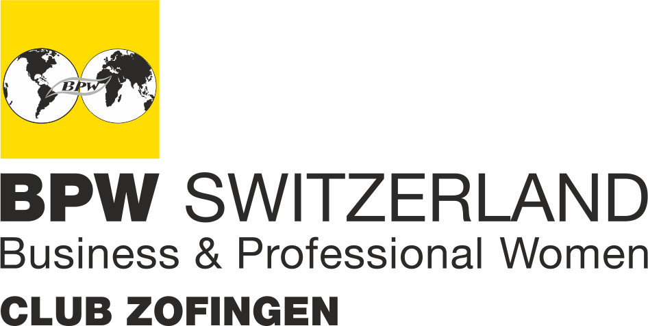 Logo von BPW Schweiz mit Weltkartenmotiv und Text 'Business & Professional Women', 'Club Zofingen'.