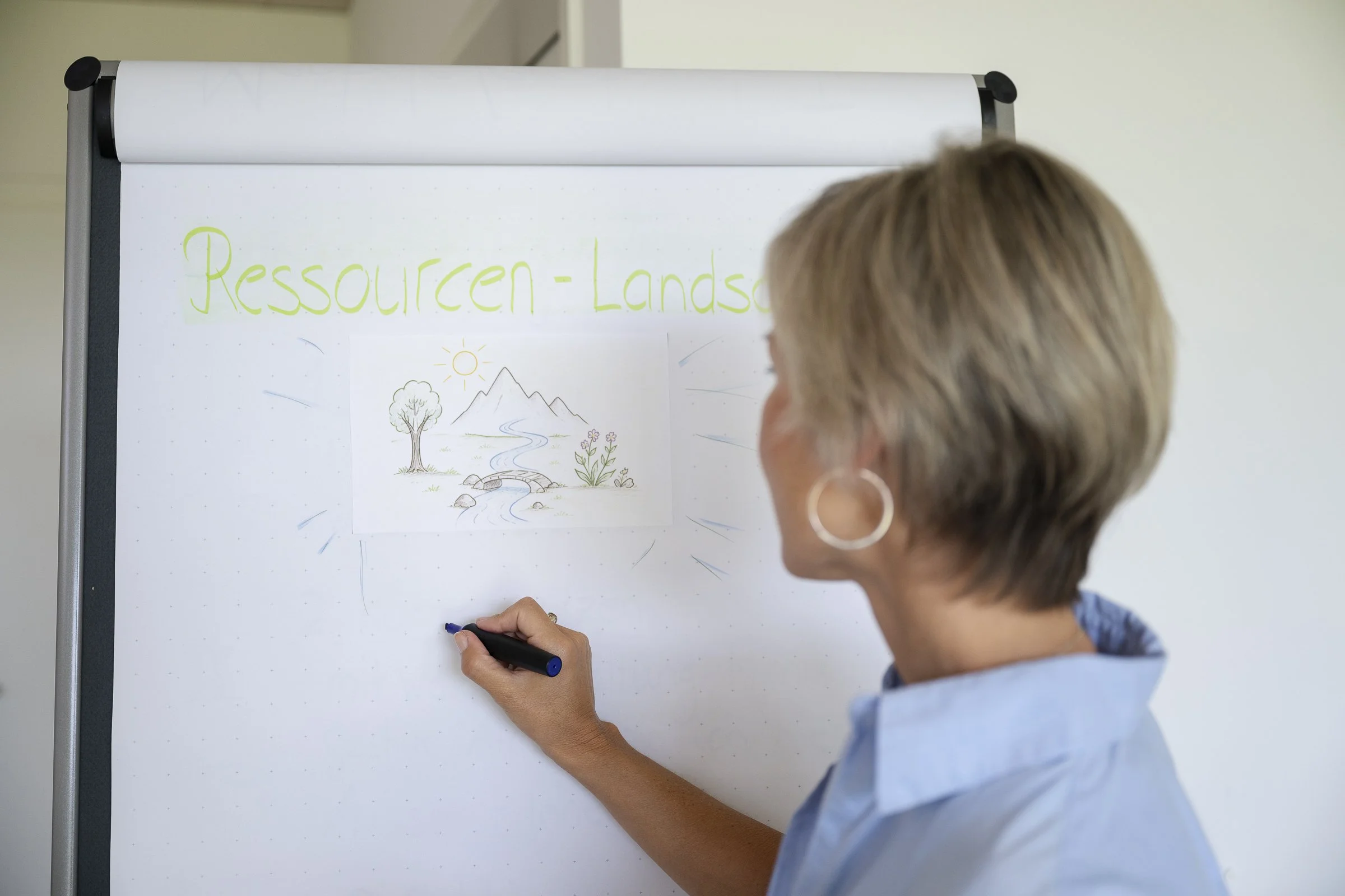 Eine Person - Sandra Knechtli - malt eine Illustration eines Flusses, Berge, Bäume, Blumen, die Sonne und einen Himmel auf ein Flipchart während eines Treffens oder Workshops.