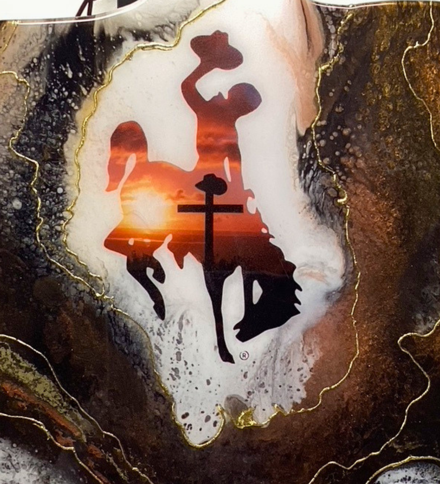 Handmade Wyoming Cowboy charcuterie board with cross and sunset design, gold resin artwork on hardwood serving board