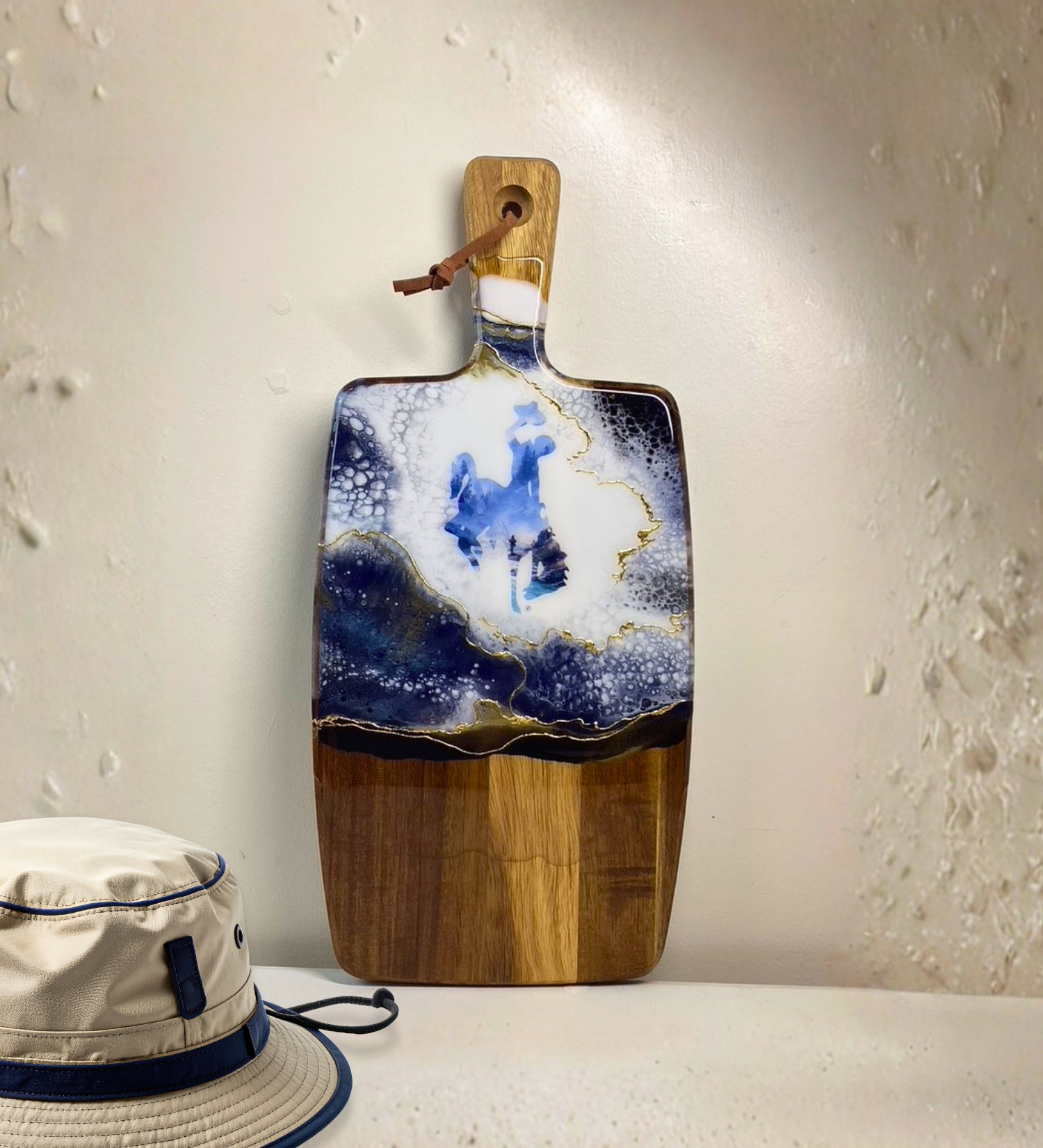 15.5" Wyoming Fly Fishing Charcuterie Board – Handmade Acacia Wood Serving Board with 24K Gold Resin Art