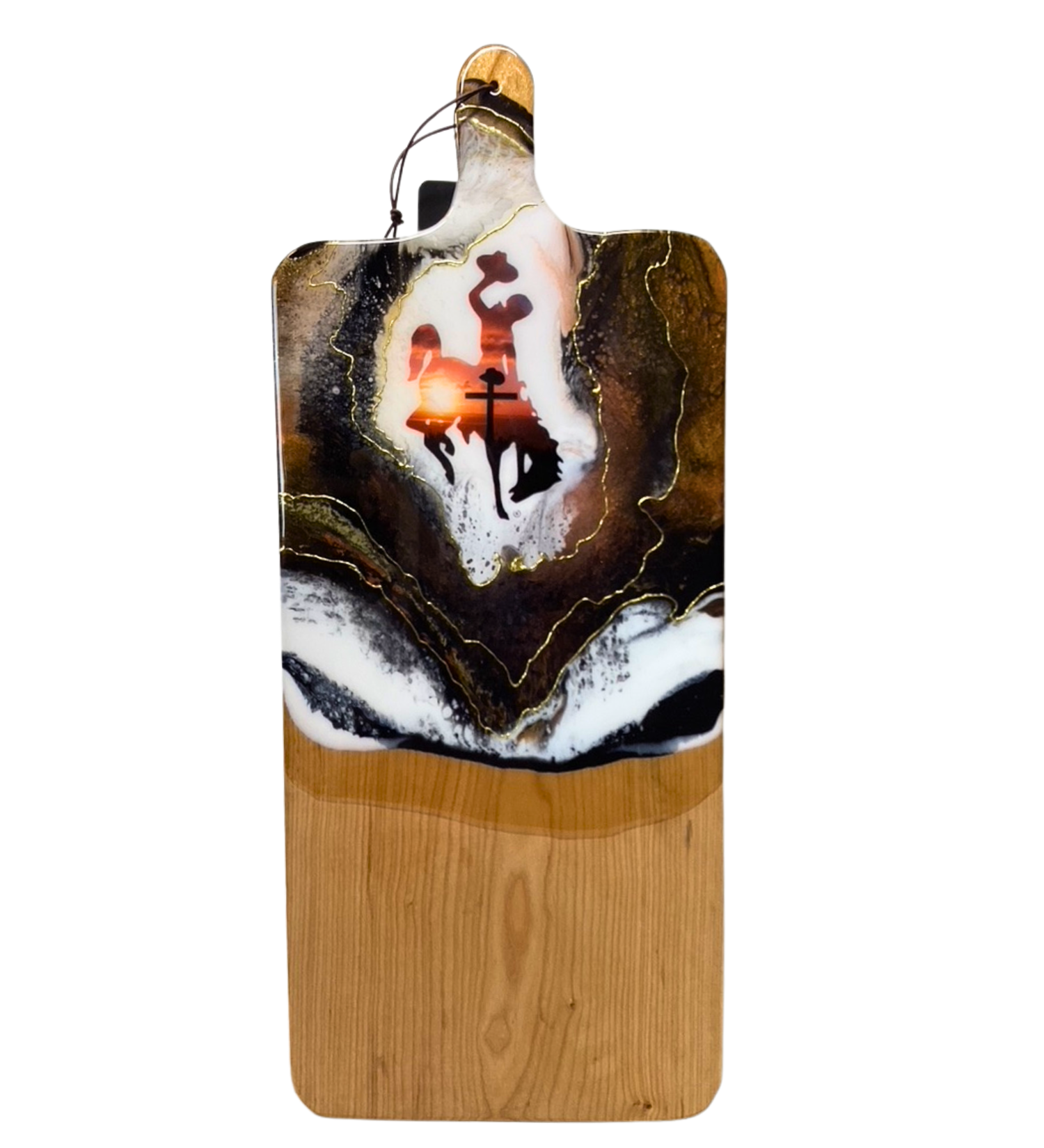 Wyoming Cowboy Charcuterie Board with Cross & Sunset | Handmade | 24K Accents