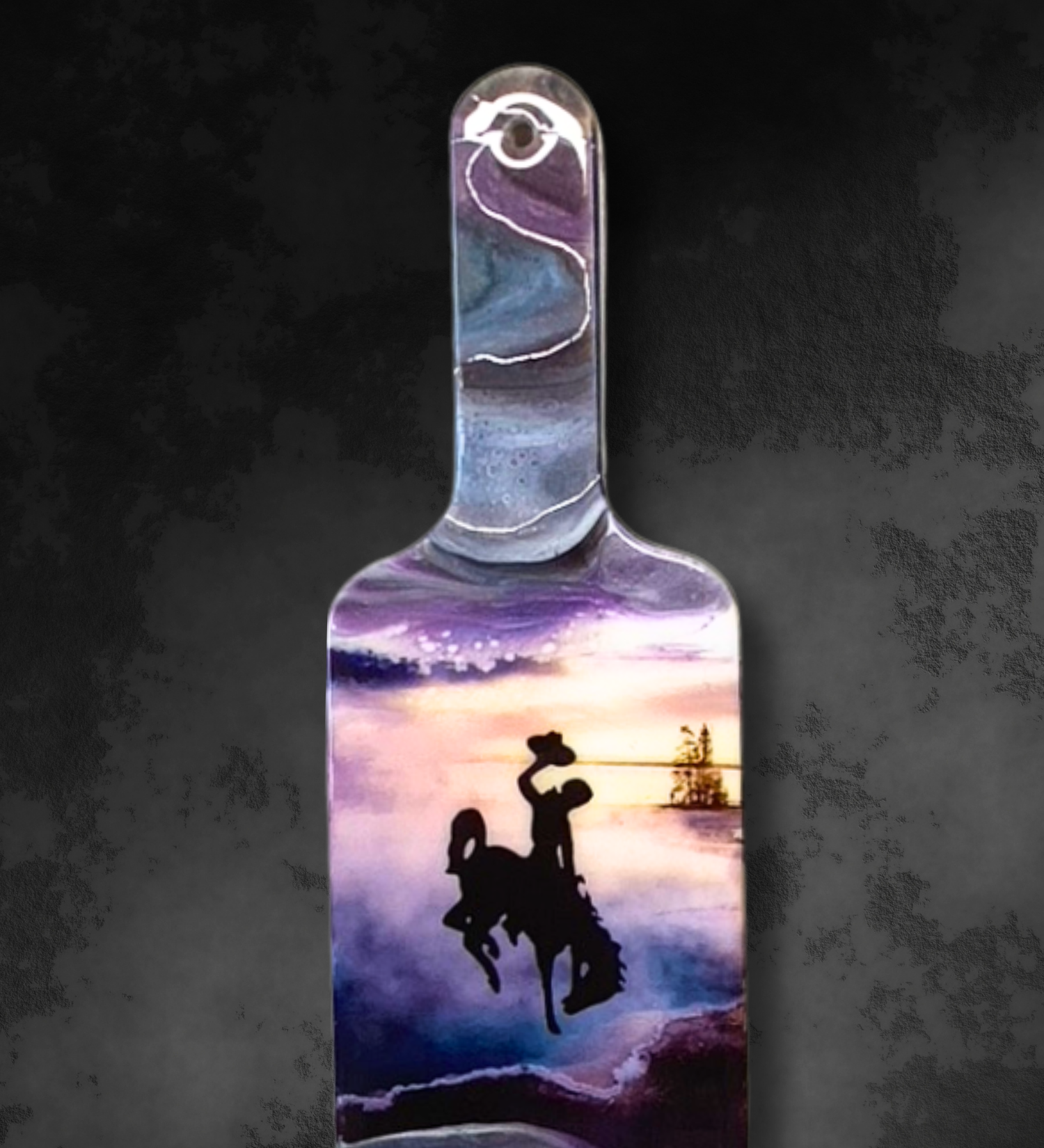 Handmade maple baguette serving board with turquoise blue and plum geothermal resin art inspired by Yellowstone and featuring the Wyoming bucking horse logo