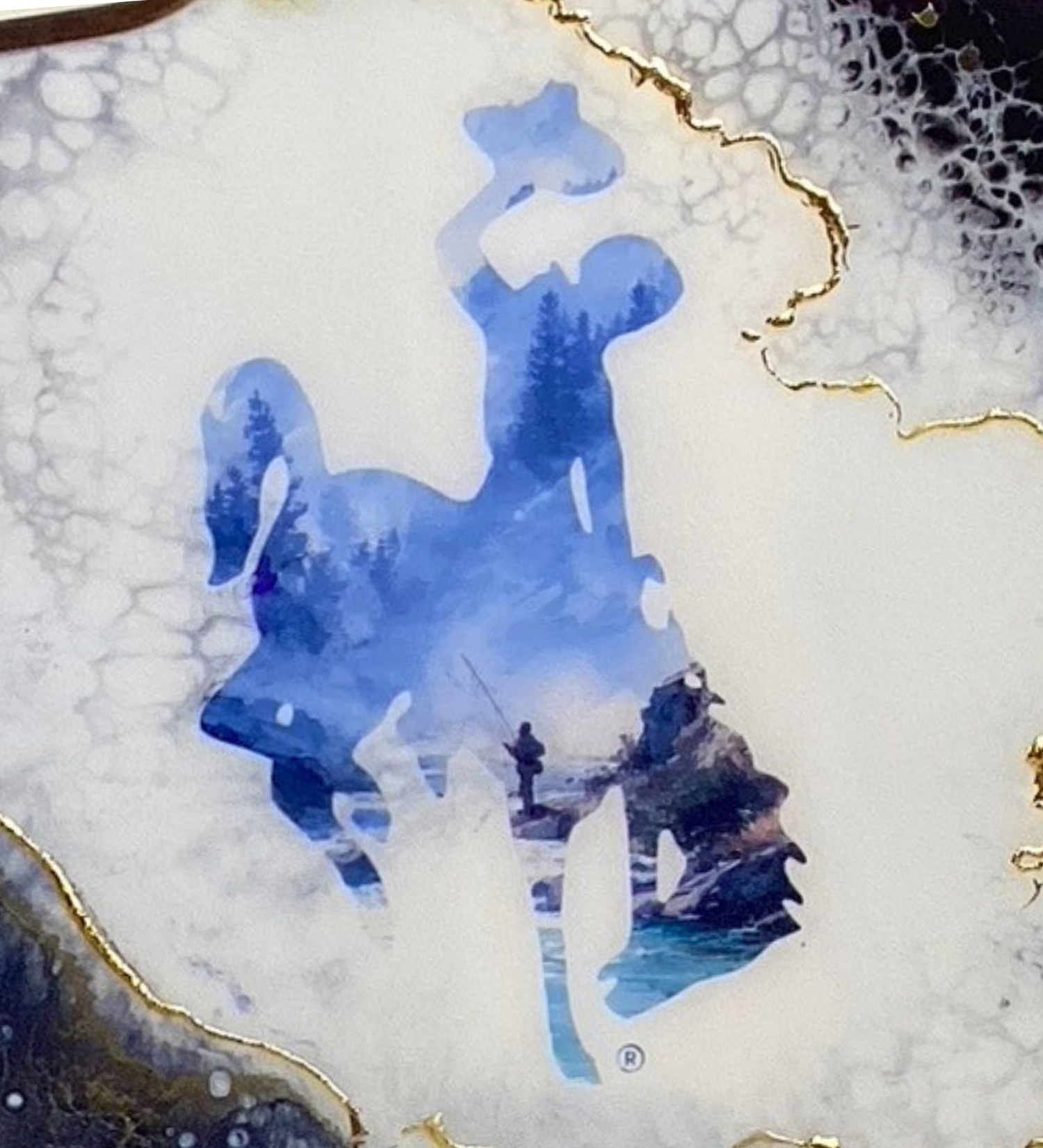 Handmade Wyoming charcuterie board with fly fisherman scene, resin art, and 24K gold accents on acacia wood