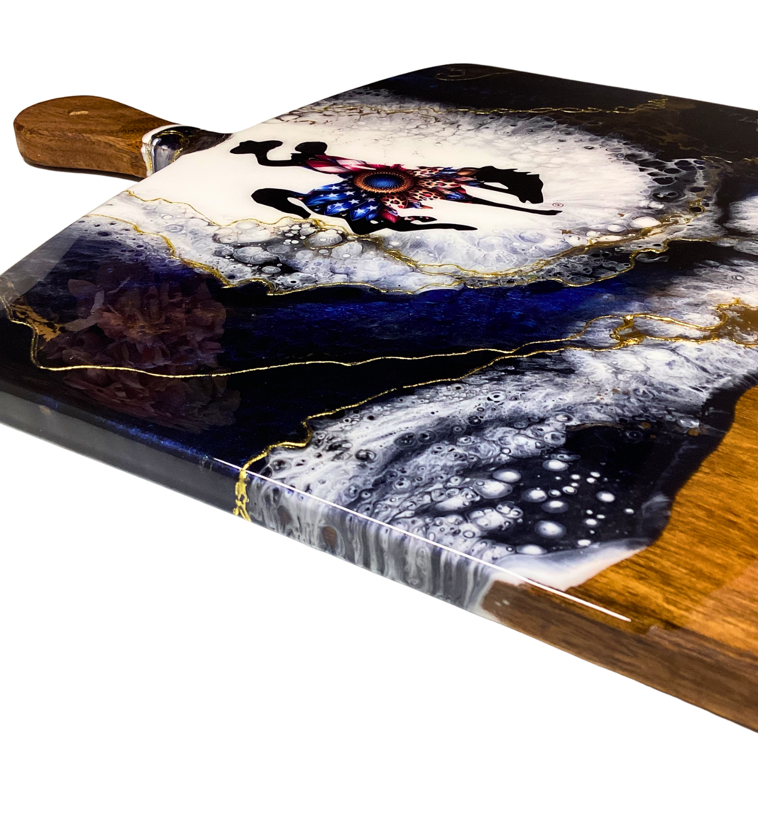 Handmade Wyoming bucking horse charcuterie board with patriotic design and 24K gold accents on acacia wood