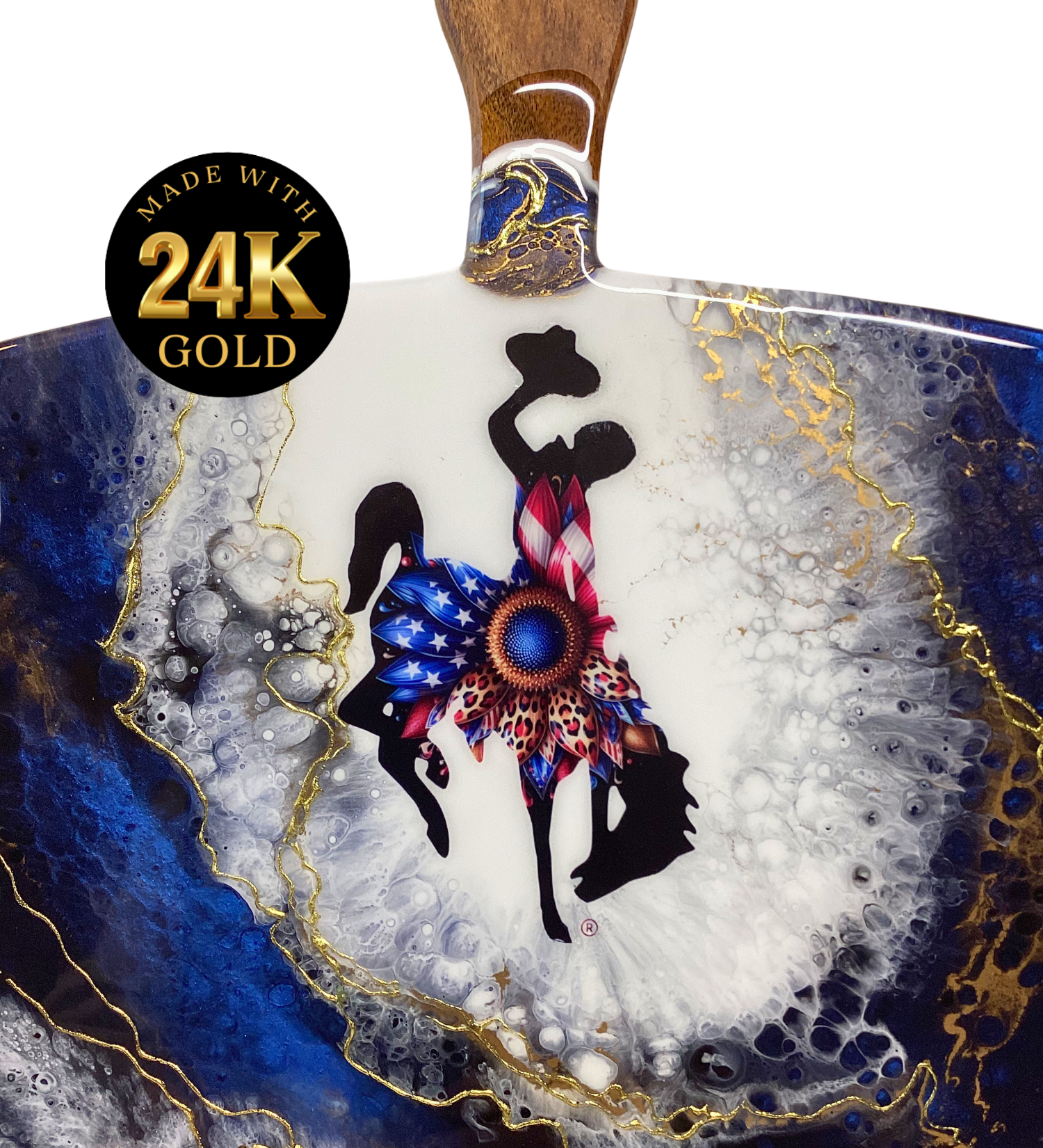 Handmade Wyoming bucking horse charcuterie board with patriotic design and 24K gold accents on acacia wood