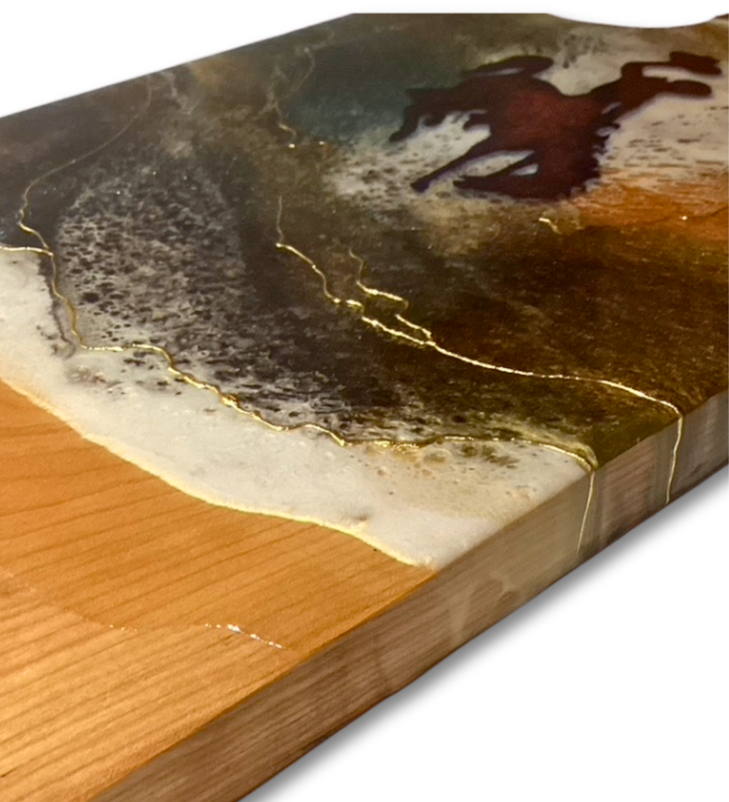 Handmade Wyoming cowboy charcuterie board with resin art and 24K gold accents on solid hardwood serving board