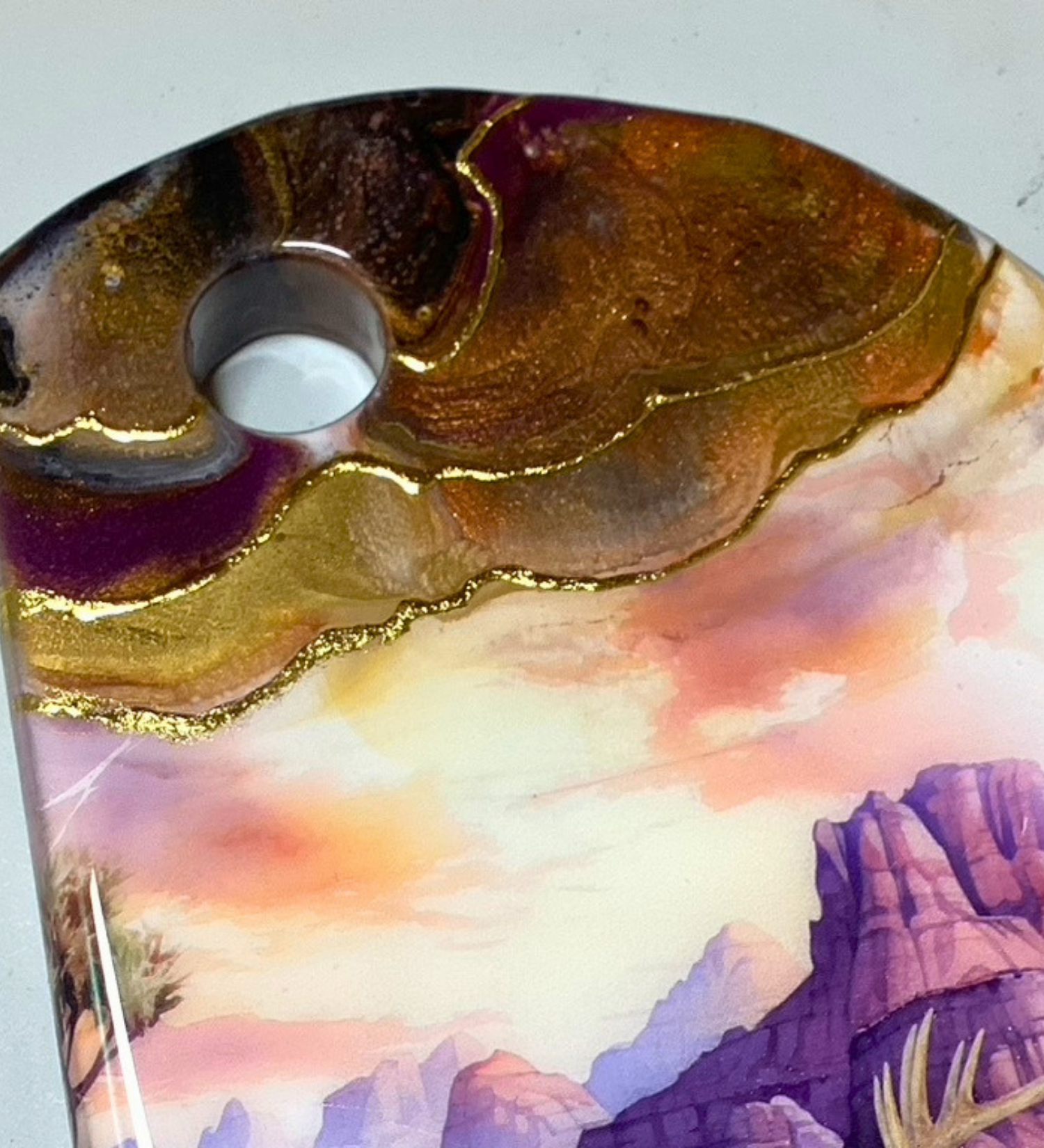 Handmade jackalope charcuterie board with desert scene, 24K gold accents, and acacia wood. One-of-a-kind functional art piece.