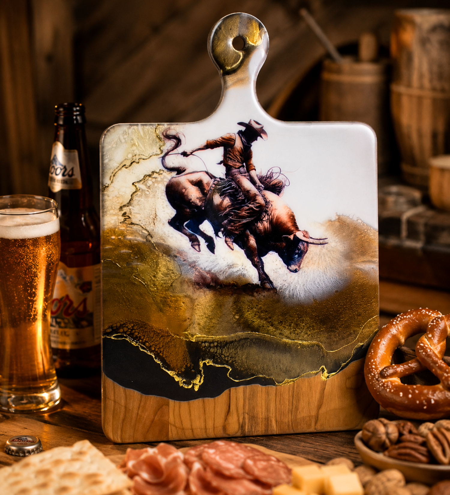 Western-style serving board with cowboy bull rider artwork displayed in a rustic beer and pretzel setting