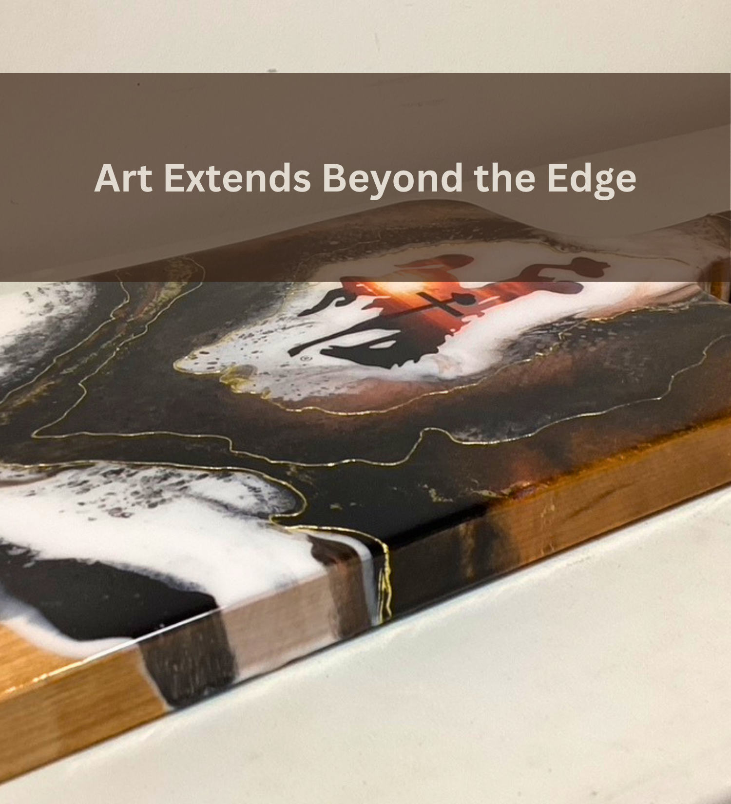 Handmade Wyoming Cowboy charcuterie board with cross and sunset design, gold resin artwork on hardwood serving board