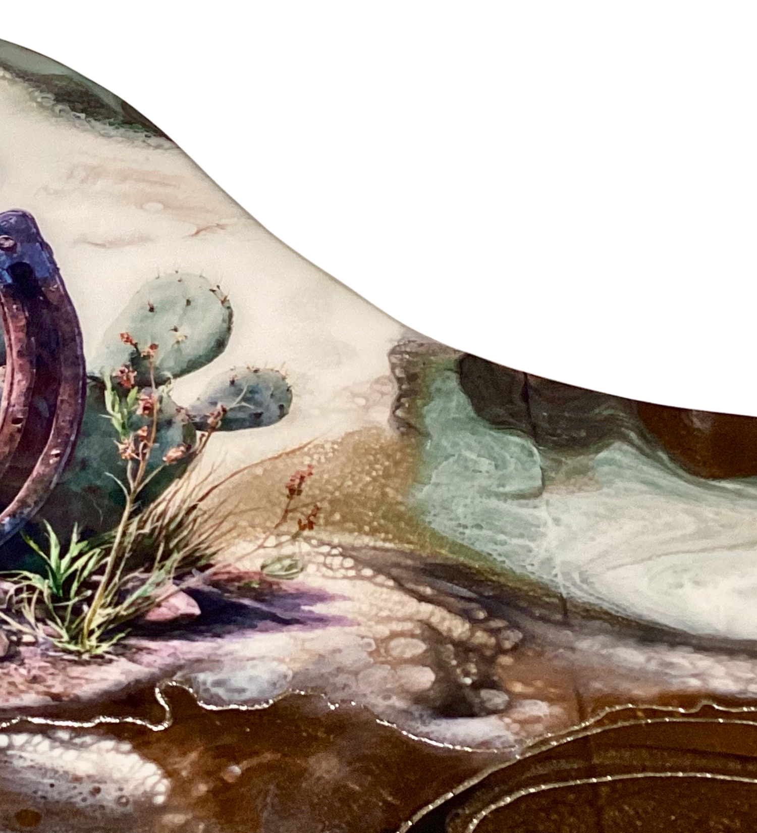 Handcrafted acacia charcuterie board featuring a rustic horseshoe standing upright with cactus behind it, accented with pure silver, Western décor style.