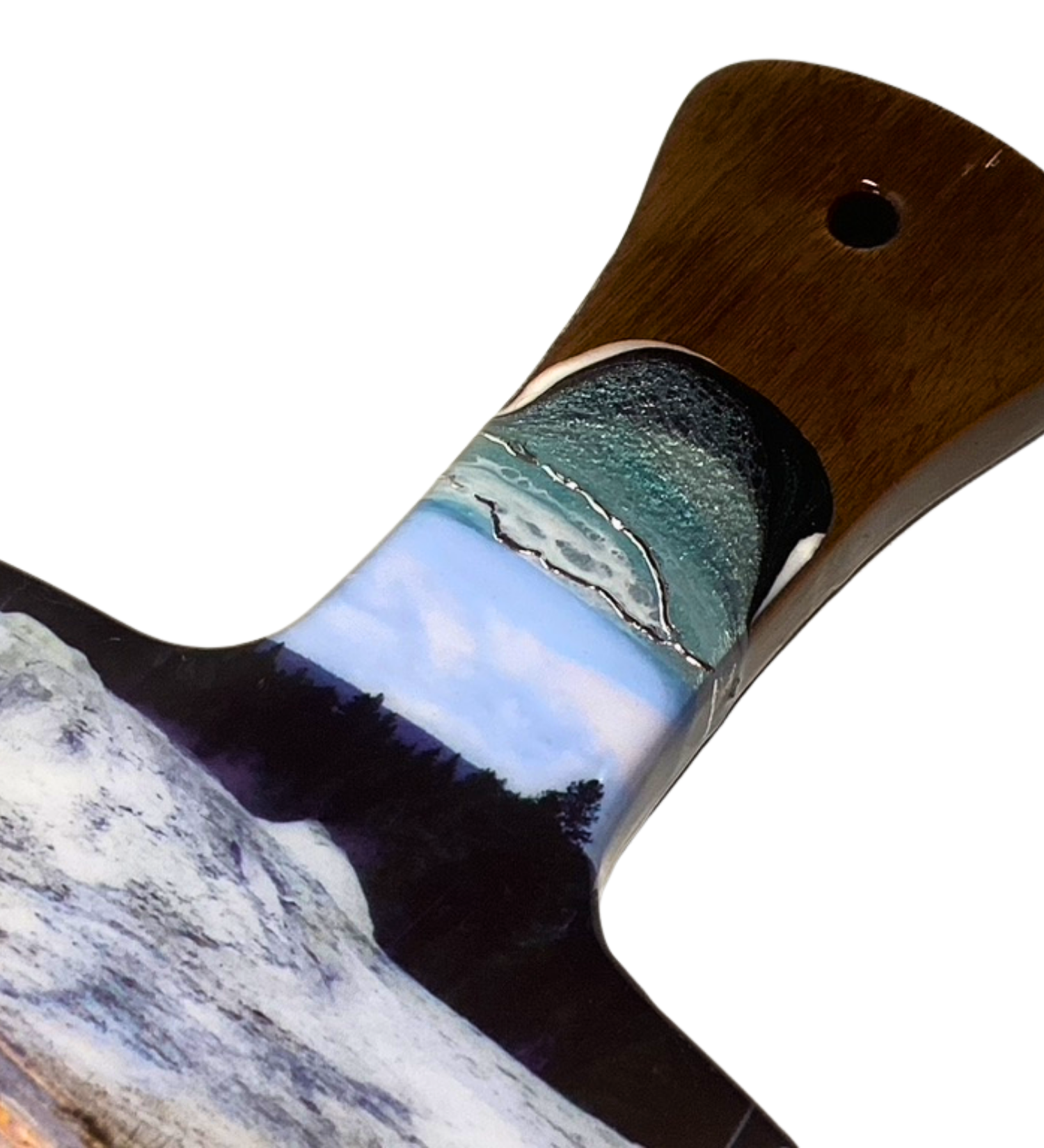 One-of-a-kind Yellowstone-inspired charcuterie board featuring geothermal resin art and pure silver accents. Handmade functional artwork from Wyoming.