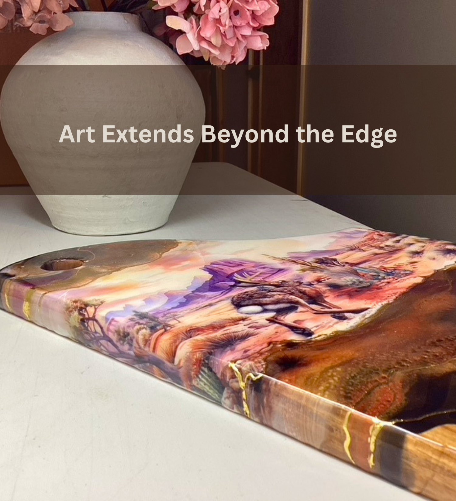 Handmade jackalope charcuterie board with desert scene, 24K gold accents, and acacia wood. One-of-a-kind functional art piece.