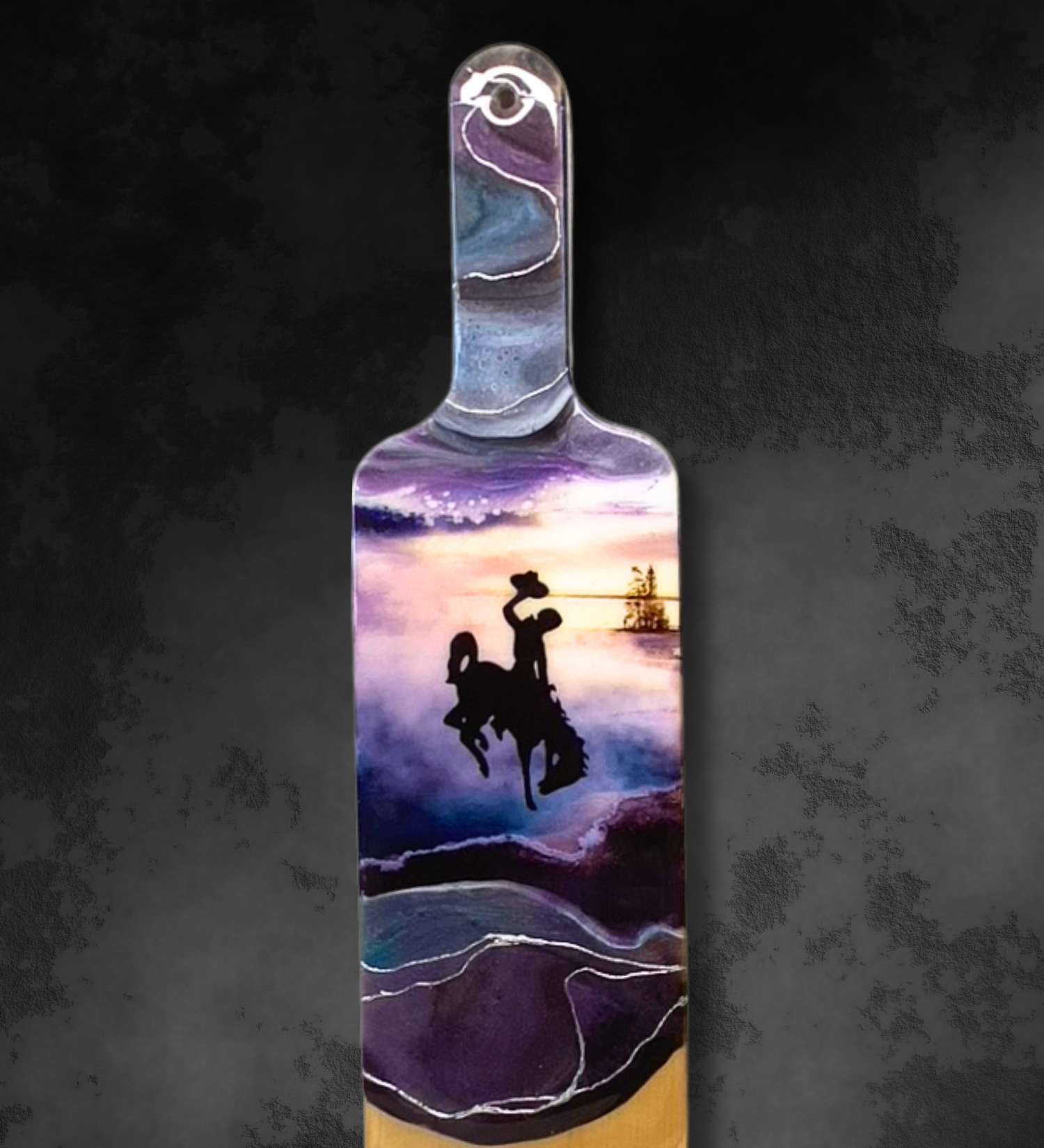 Handmade maple baguette serving board with turquoise blue and plum geothermal resin art inspired by Yellowstone and featuring the Wyoming bucking horse logo