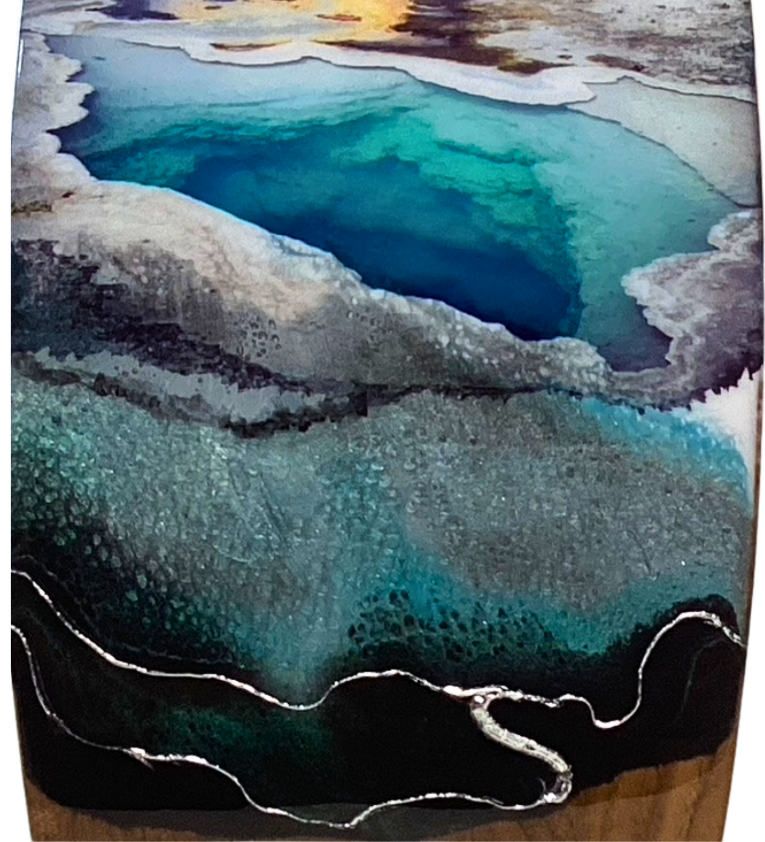 One-of-a-kind Yellowstone-inspired charcuterie board featuring geothermal resin art and pure silver accents. Handmade functional artwork from Wyoming.