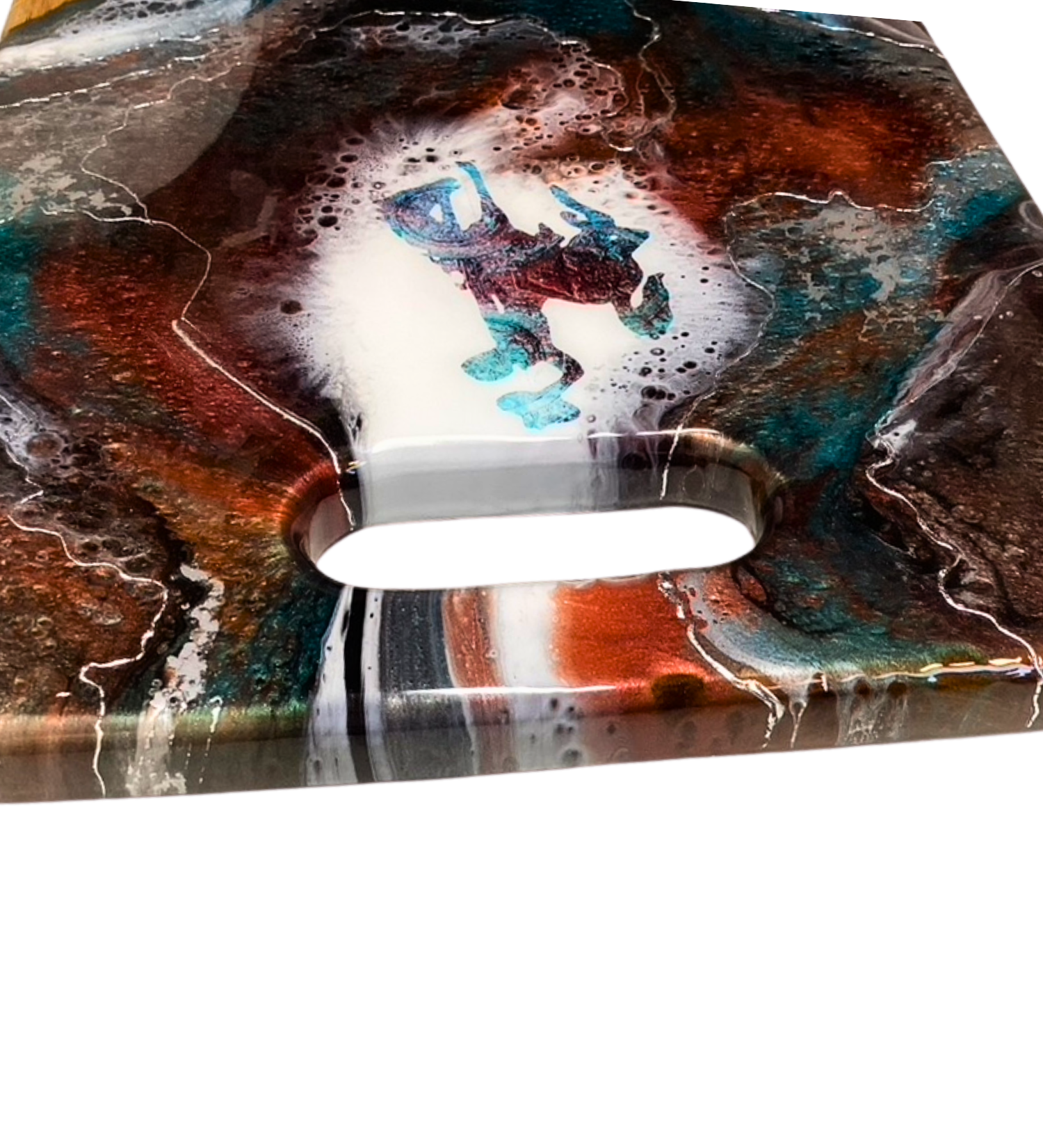 Handmade teak charcuterie board with Wyoming Cowboy design, copper and teal resin artwork, and 24K gold accents