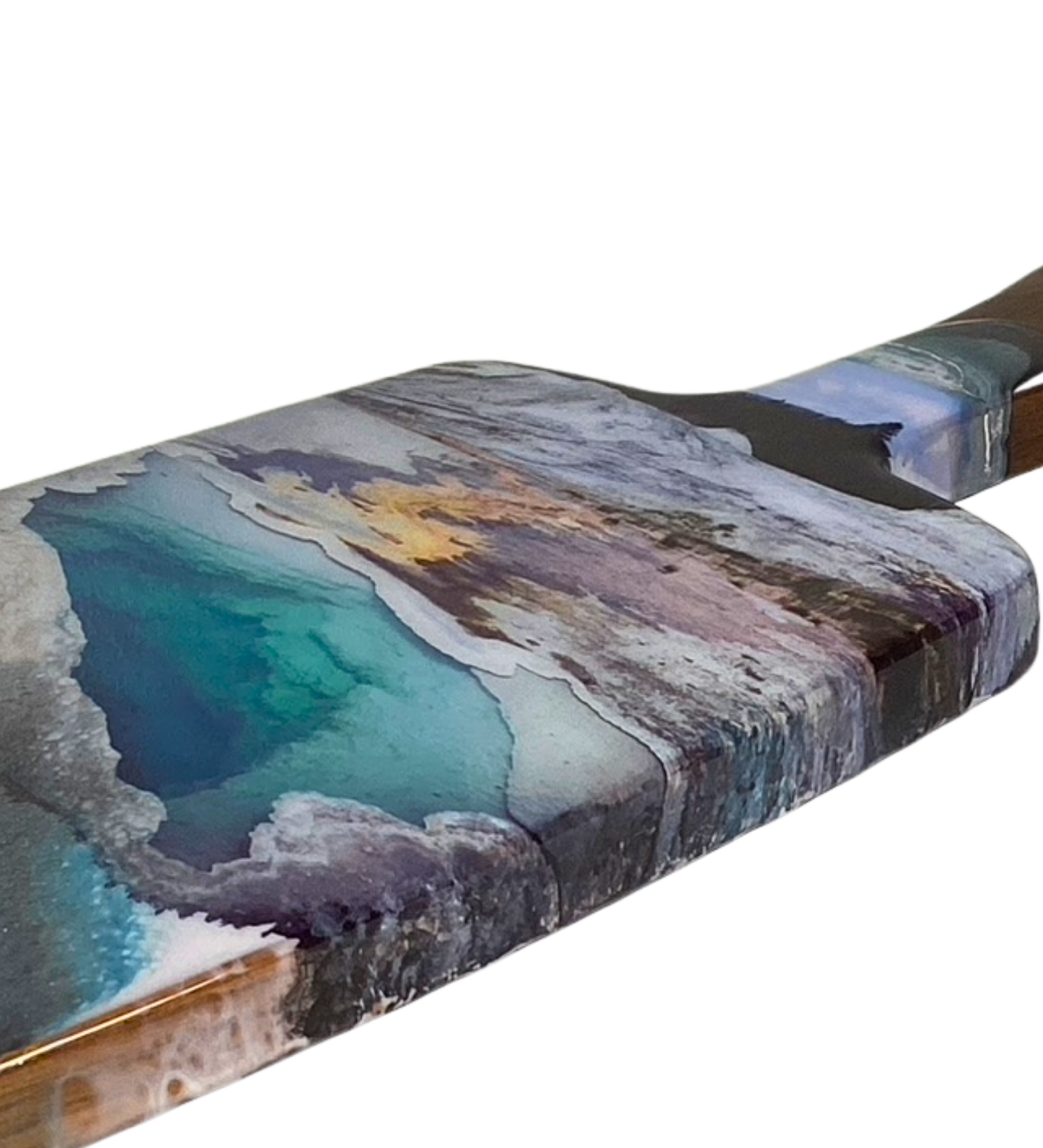 One-of-a-kind Yellowstone-inspired charcuterie board featuring geothermal resin art and pure silver accents. Handmade functional artwork from Wyoming.