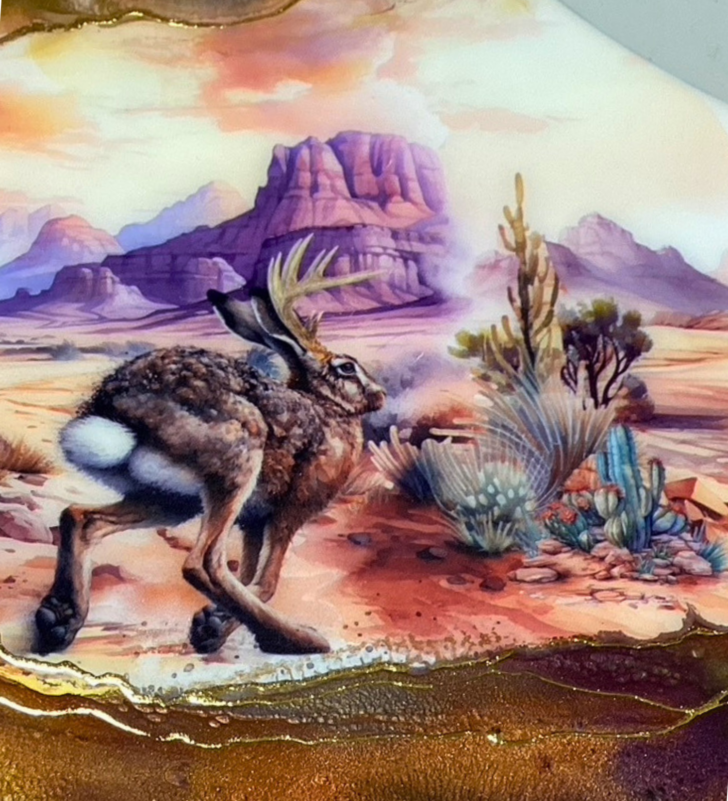 Handmade jackalope charcuterie board with desert scene, 24K gold accents, and acacia wood. One-of-a-kind functional art piece.