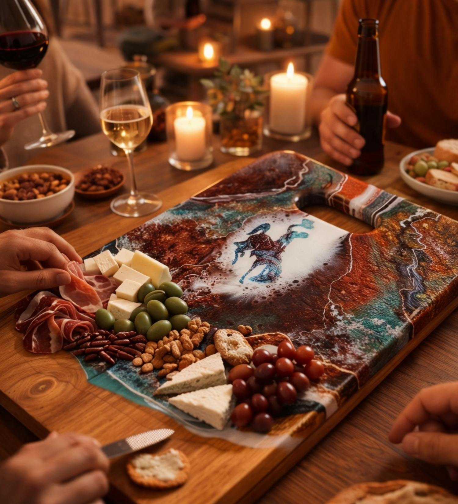 Handmade teak charcuterie board with Wyoming Cowboy design, copper and teal resin artwork, and 24K gold accents