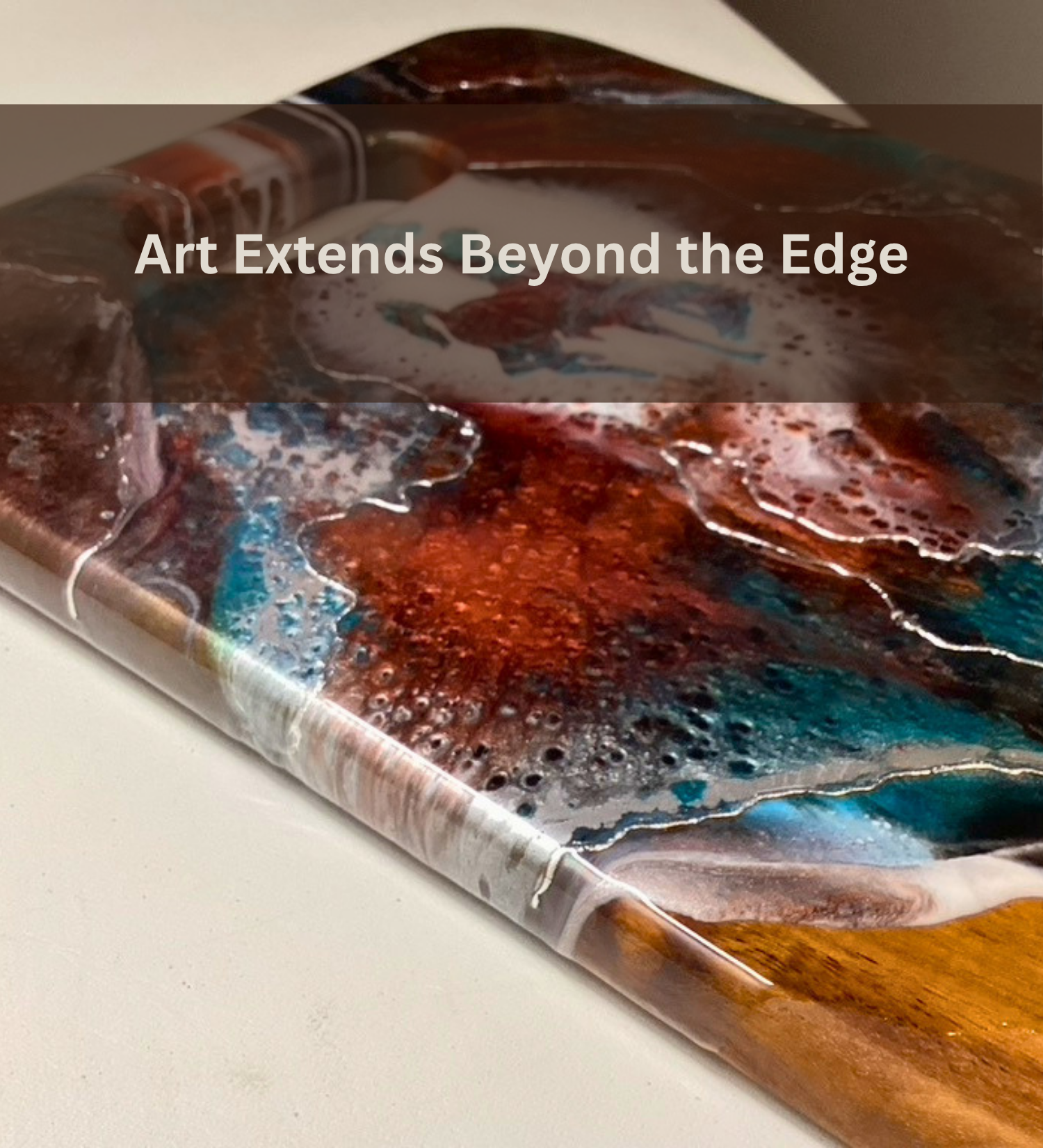 Handmade teak charcuterie board with Wyoming Cowboy design, copper and teal resin artwork, and 24K gold accents