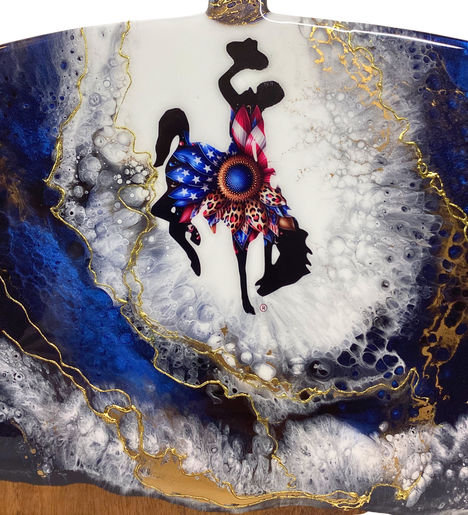 Handmade Wyoming bucking horse charcuterie board with patriotic design and 24K gold accents on acacia wood