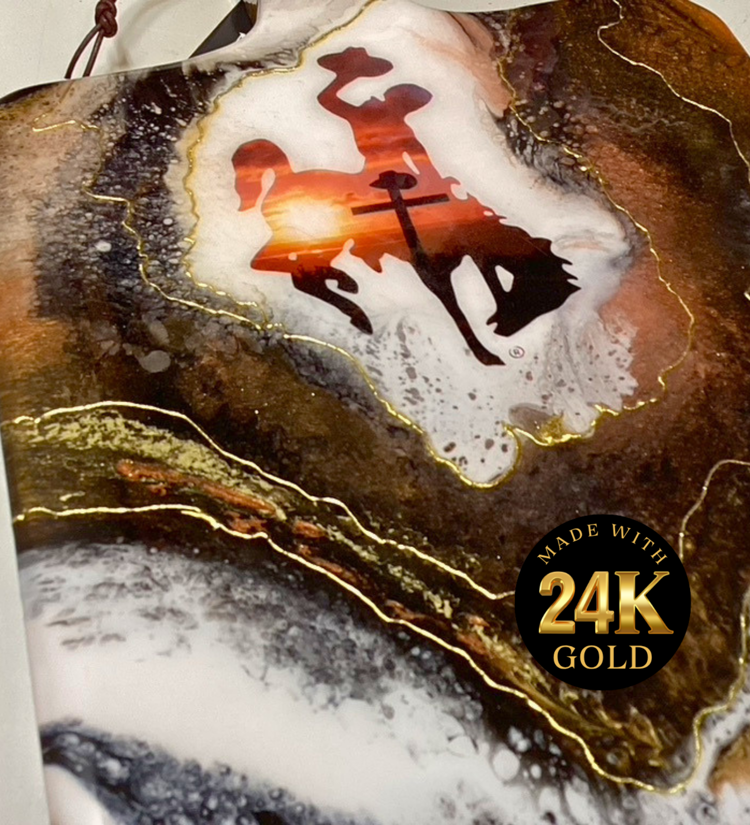 Handmade Wyoming Cowboy charcuterie board with cross and sunset design, gold resin artwork on hardwood serving board