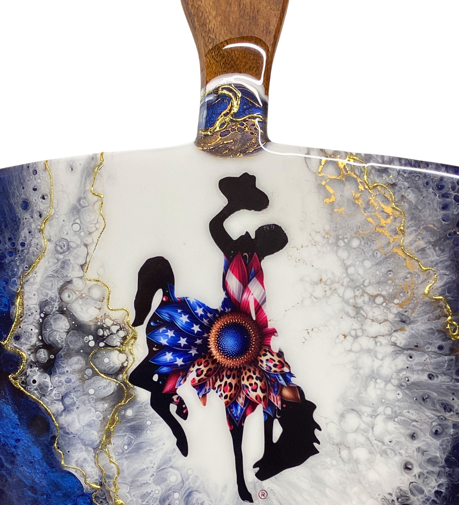Handmade Wyoming bucking horse charcuterie board with patriotic design and 24K gold accents on acacia wood