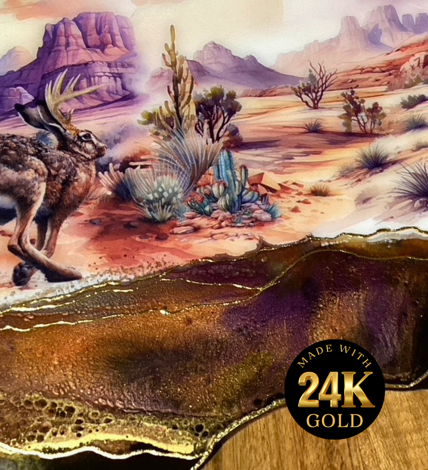 Handmade jackalope charcuterie board with desert scene, 24K gold accents, and acacia wood. One-of-a-kind functional art piece.