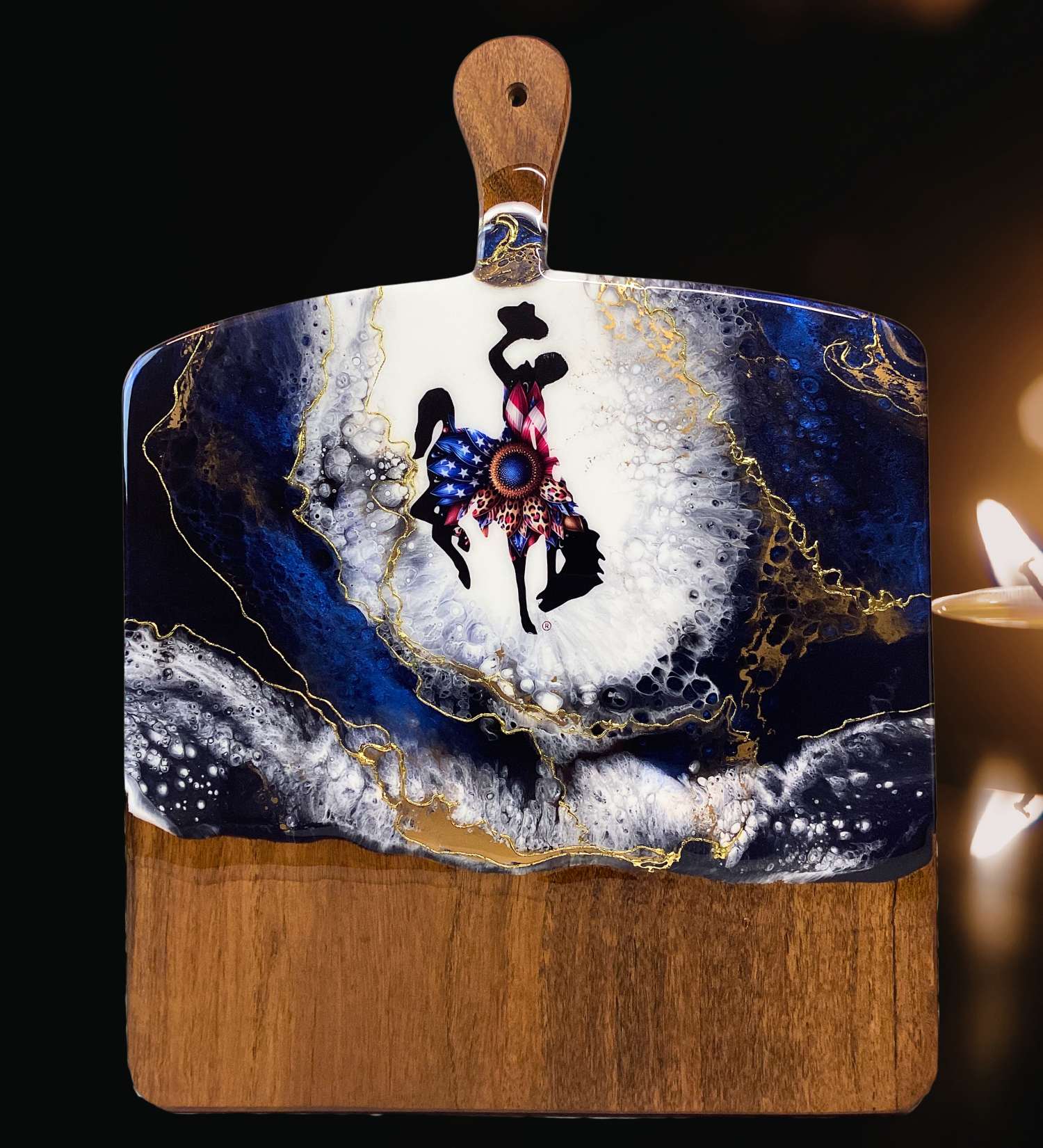 Handmade Wyoming bucking horse charcuterie board with patriotic design and 24K gold accents on acacia wood