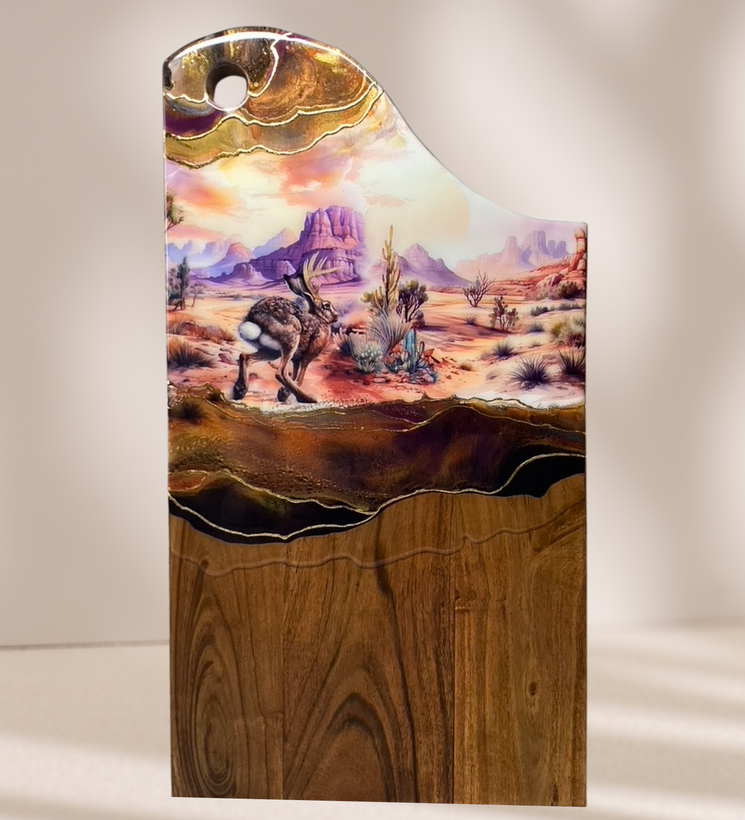 Handmade jackalope charcuterie board with desert scene, 24K gold accents, and acacia wood. One-of-a-kind functional art piece.