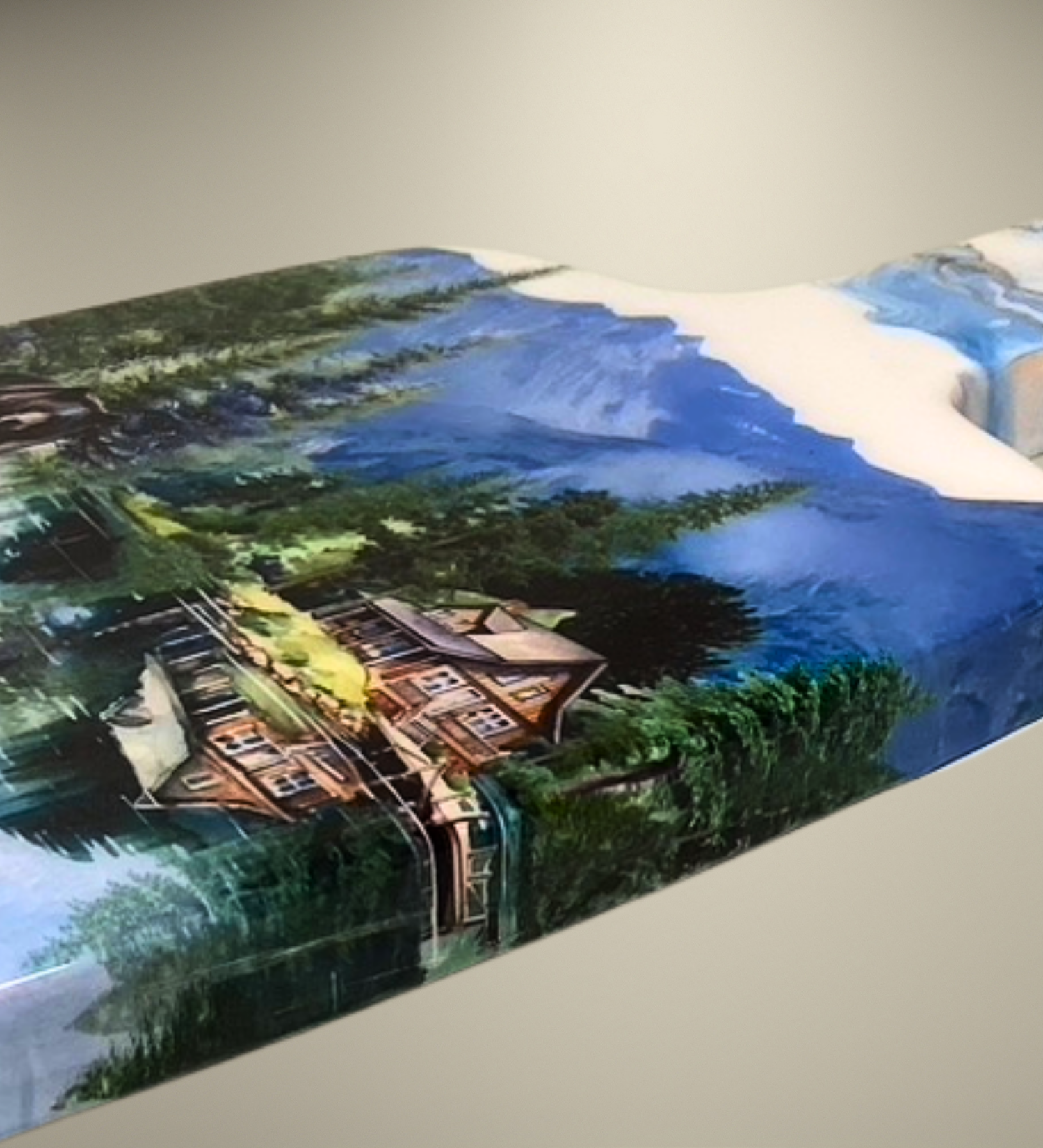 Handcrafted black bear and cabin charcuterie board with resin artwork on maple hardwood serving board.