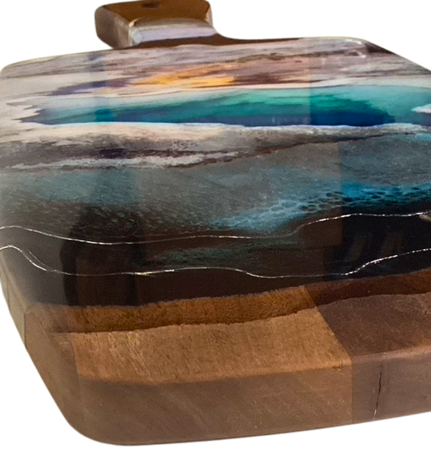 One-of-a-kind Yellowstone-inspired charcuterie board featuring geothermal resin art and pure silver accents. Handmade functional artwork from Wyoming.