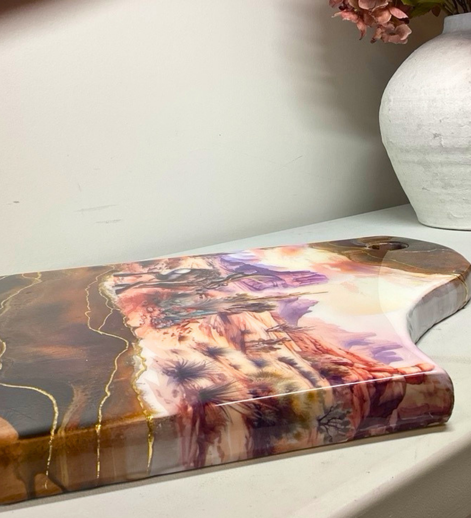 Handmade jackalope charcuterie board with desert scene, 24K gold accents, and acacia wood. One-of-a-kind functional art piece.