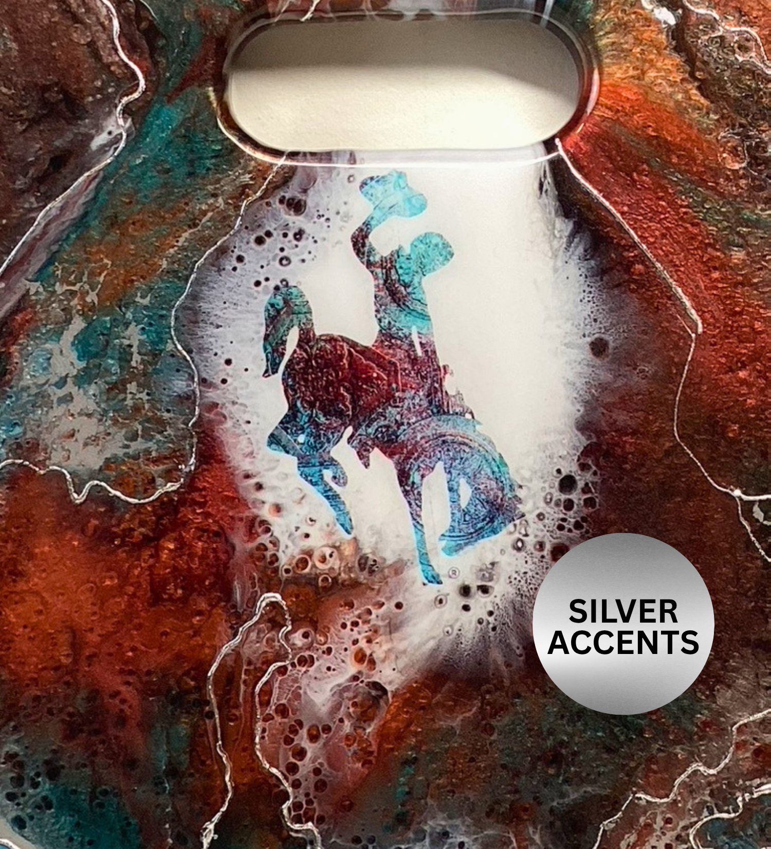 Handmade teak charcuterie board with Wyoming Cowboy design, copper and teal resin artwork, and 24K gold accents