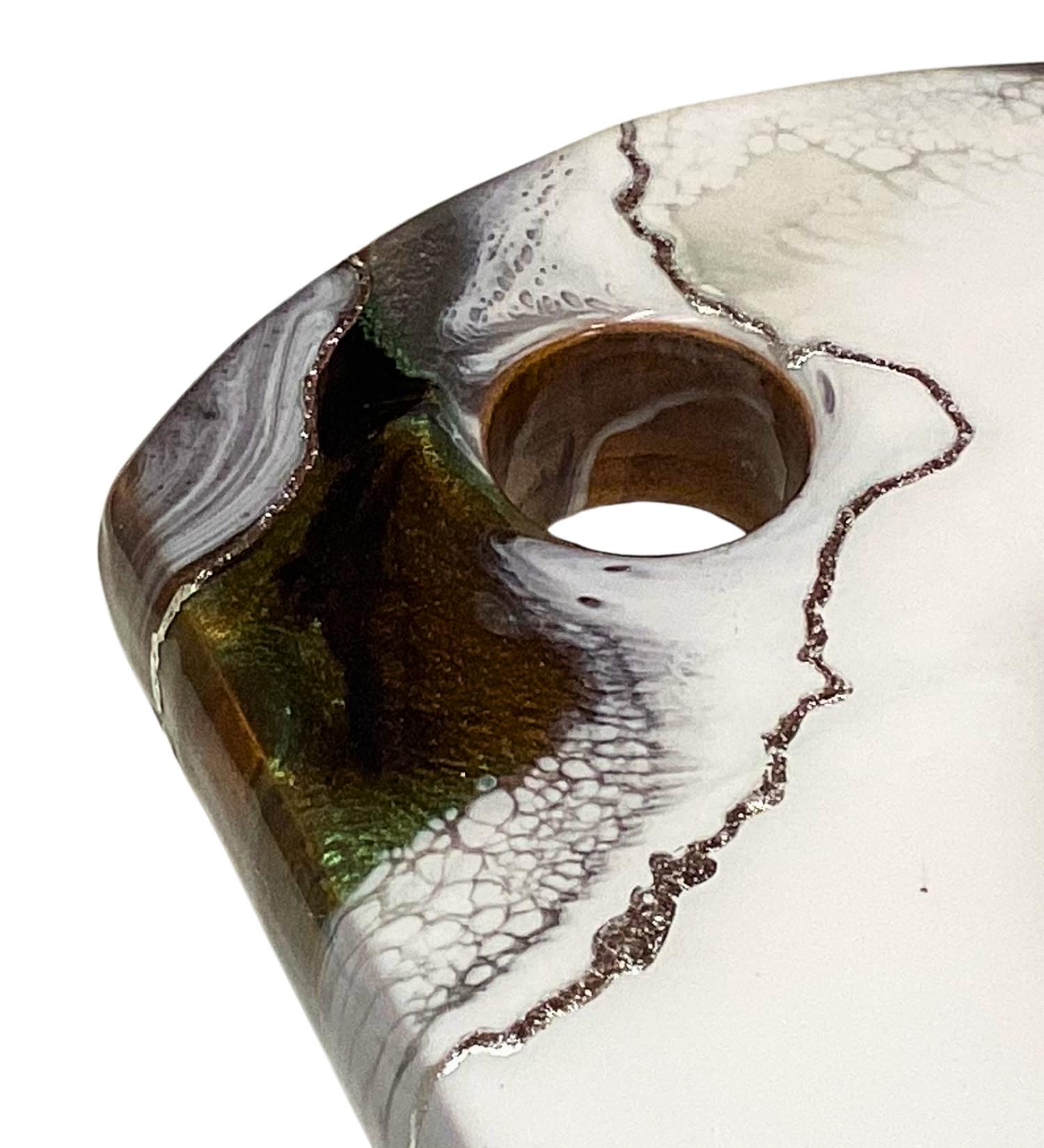 Handcrafted acacia charcuterie board featuring a rustic horseshoe standing upright with cactus behind it, accented with pure silver, Western décor style.