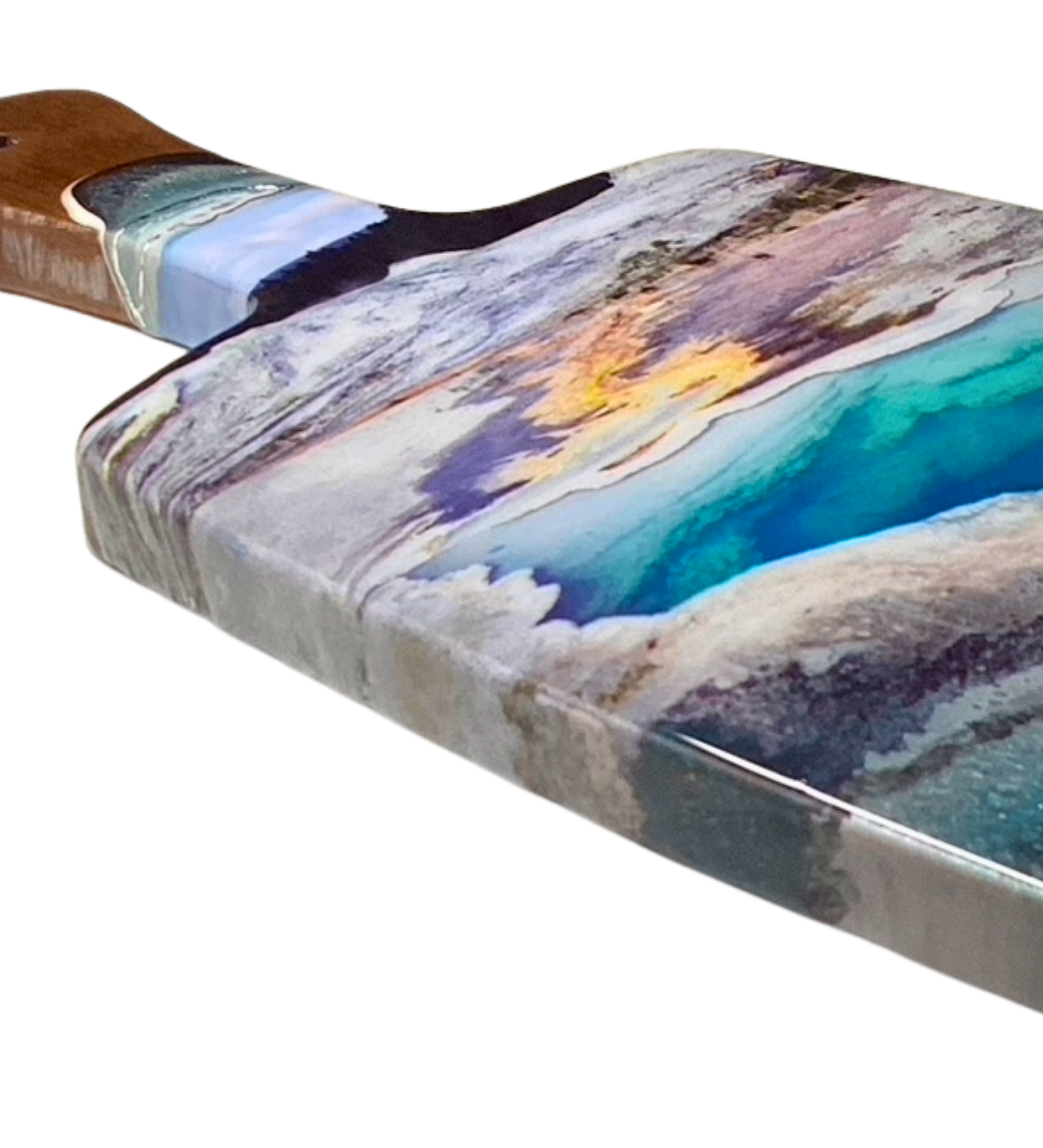 One-of-a-kind Yellowstone-inspired charcuterie board featuring geothermal resin art and pure silver accents. Handmade functional artwork from Wyoming.