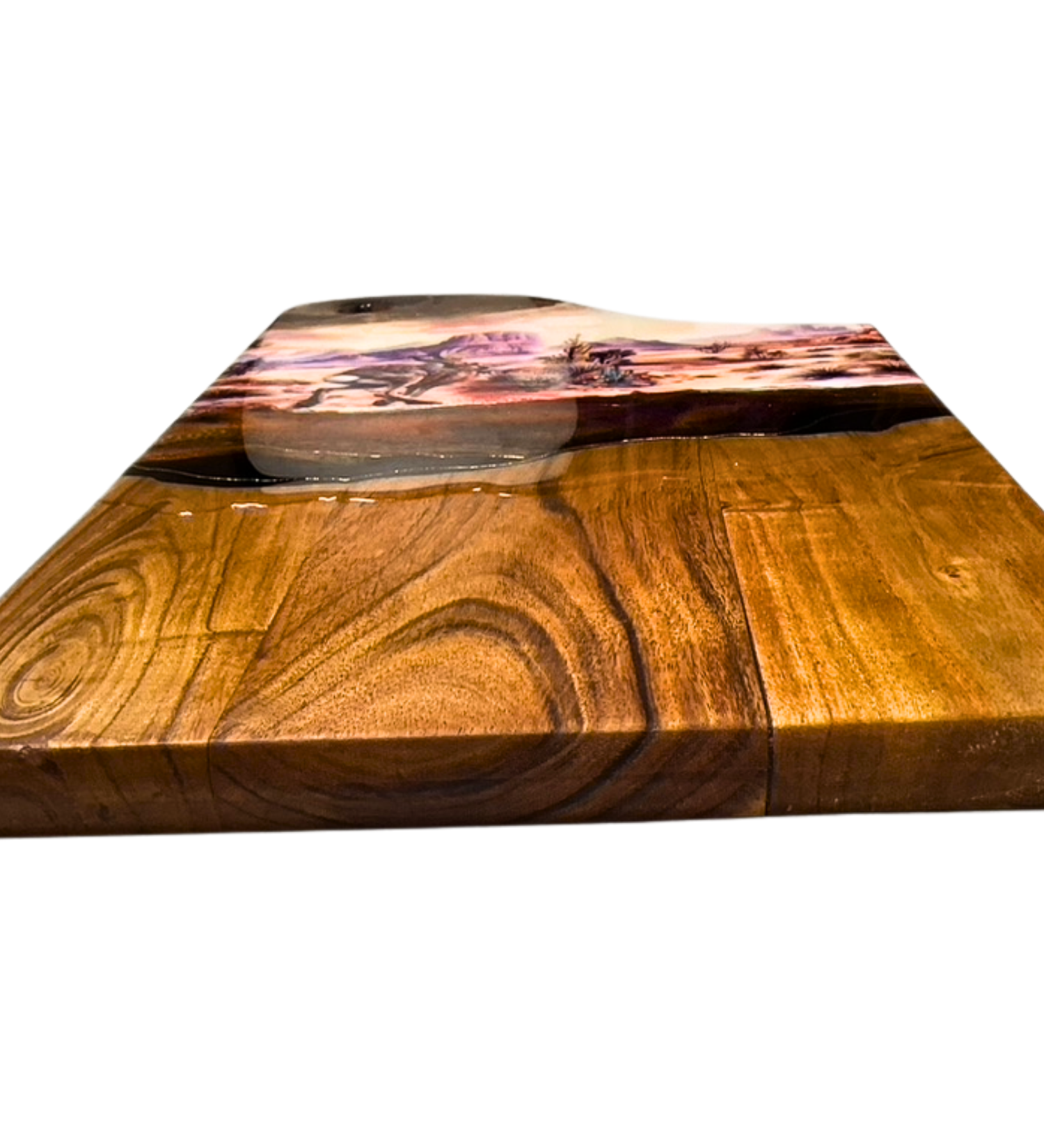 Handmade jackalope charcuterie board with desert scene, 24K gold accents, and acacia wood. One-of-a-kind functional art piece.