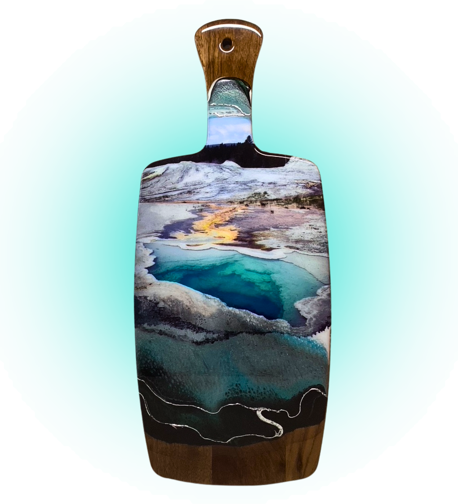 One-of-a-kind Yellowstone-inspired charcuterie board featuring geothermal resin art and pure silver accents. Handmade functional artwork from Wyoming.
