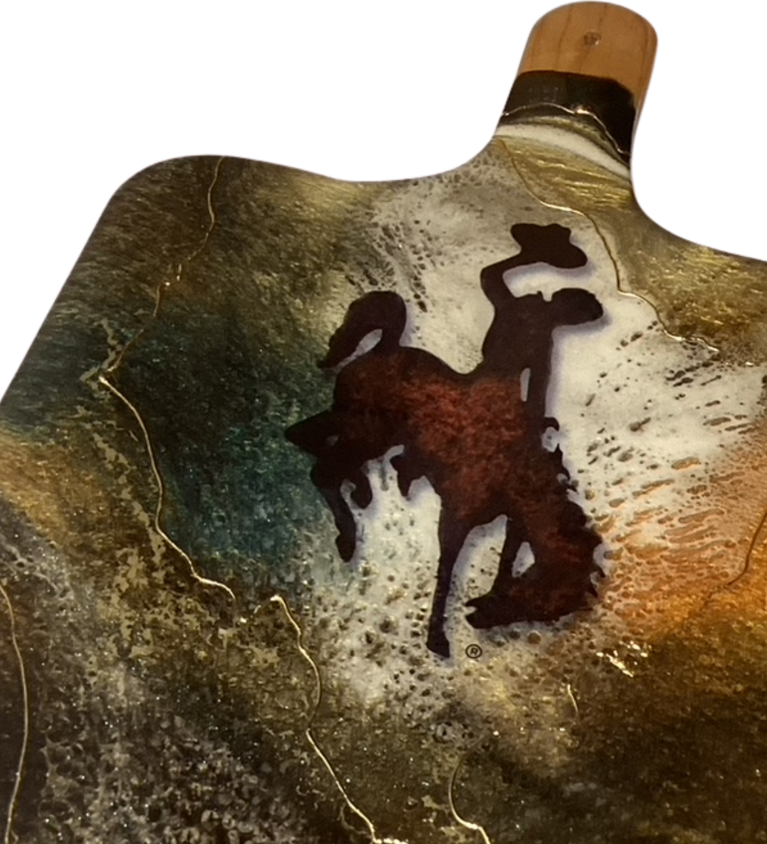 Handmade Wyoming cowboy charcuterie board with resin art and 24K gold accents on solid hardwood serving board