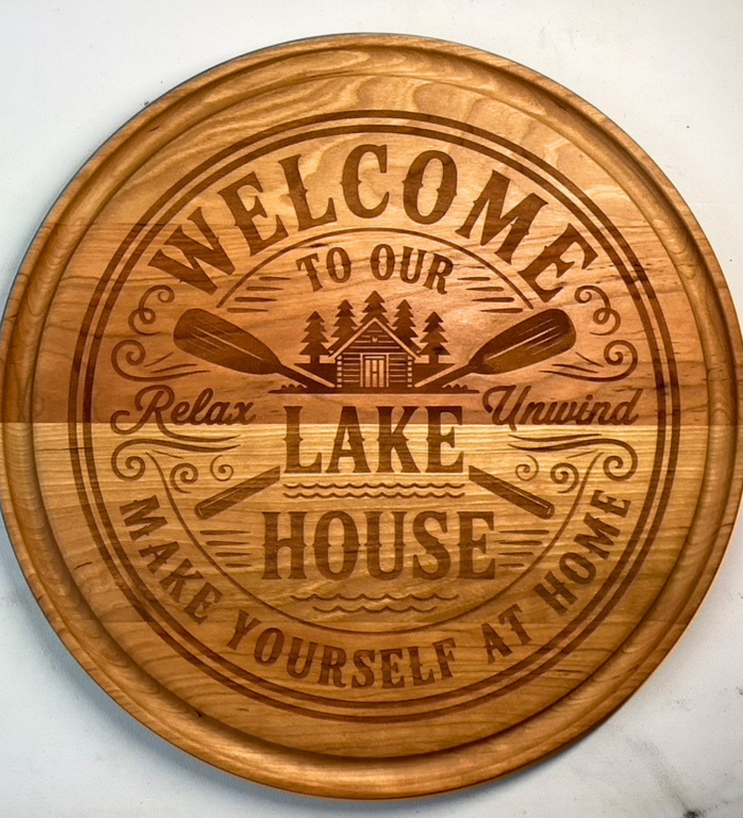 Handmade Charcuterie Board with Custom Engraving | Lake House | 13.5” Round Serving Board
