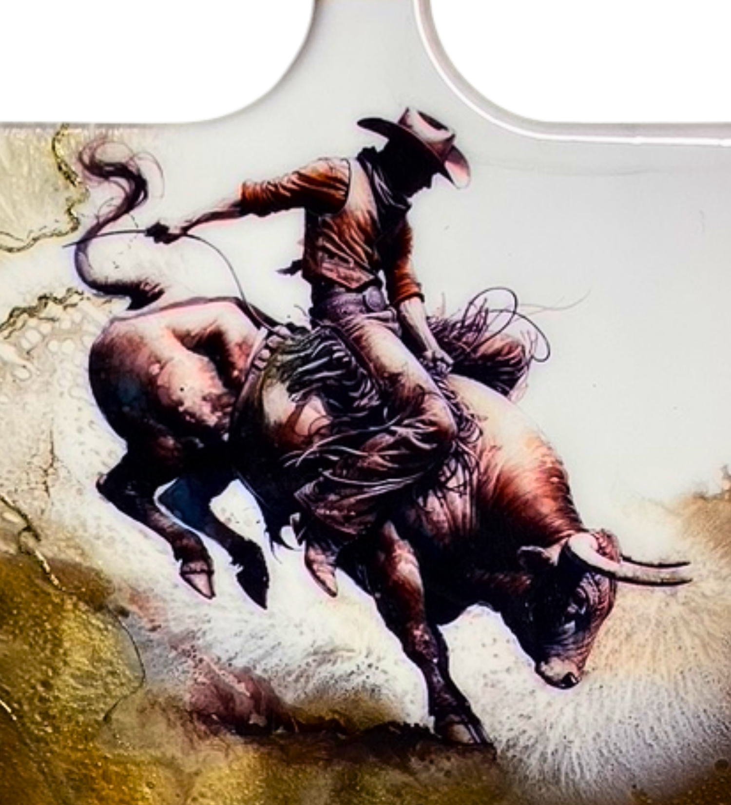 Handmade western charcuterie board featuring bull rider artwork with gold resin accents on natural wood