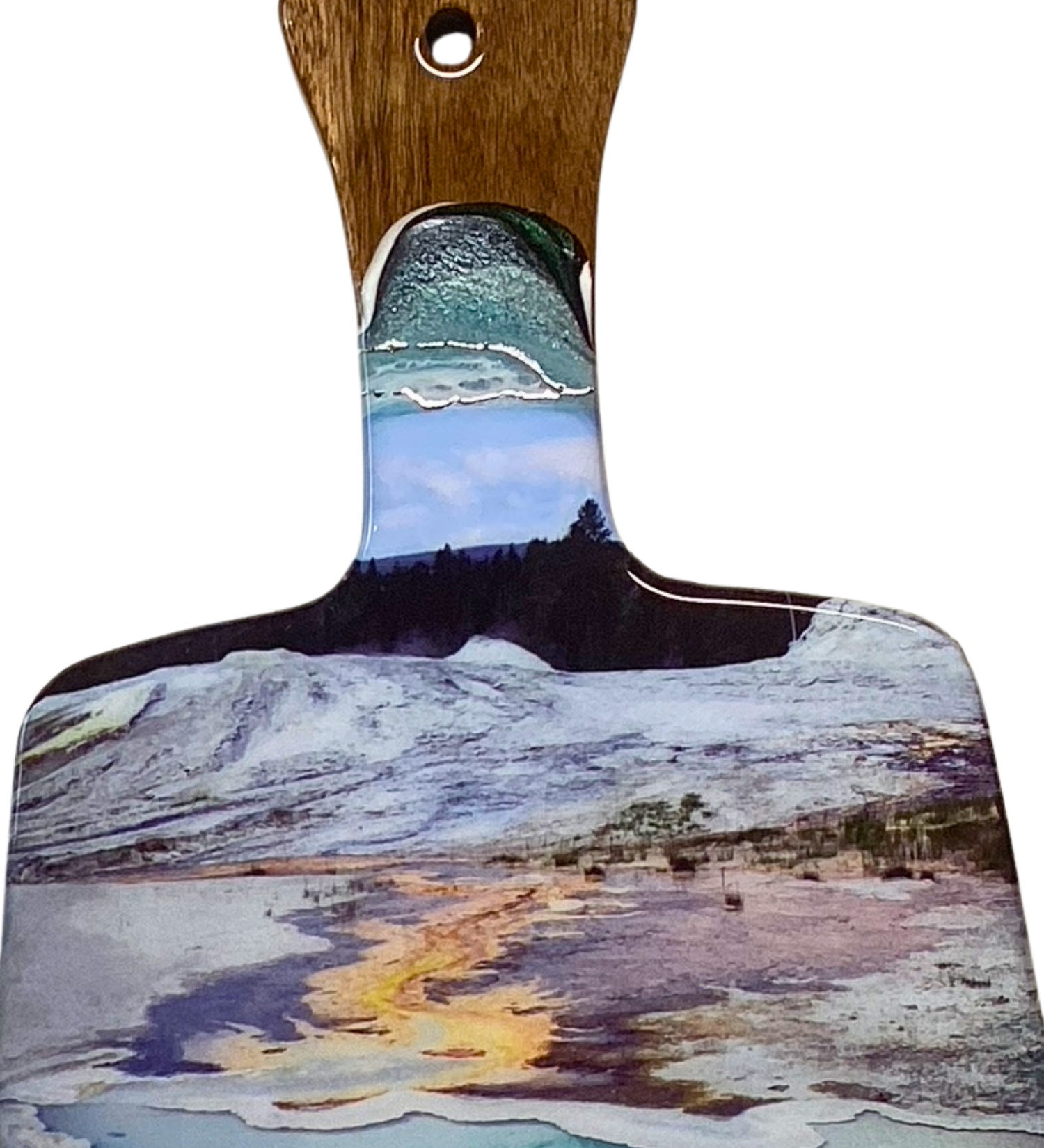 One-of-a-kind Yellowstone-inspired charcuterie board featuring geothermal resin art and pure silver accents. Handmade functional artwork from Wyoming.