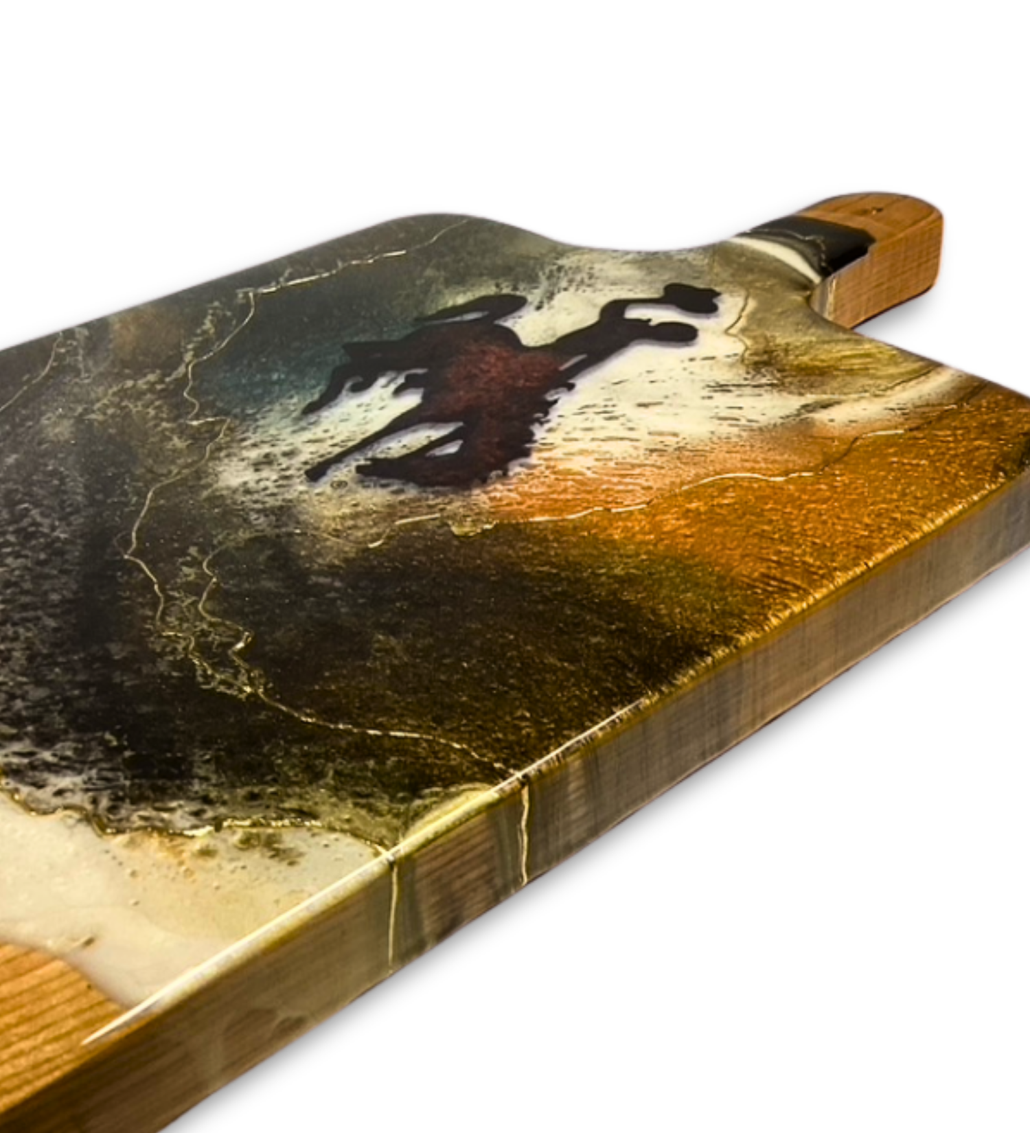 Handmade Wyoming cowboy charcuterie board with resin art and 24K gold accents on solid hardwood serving board