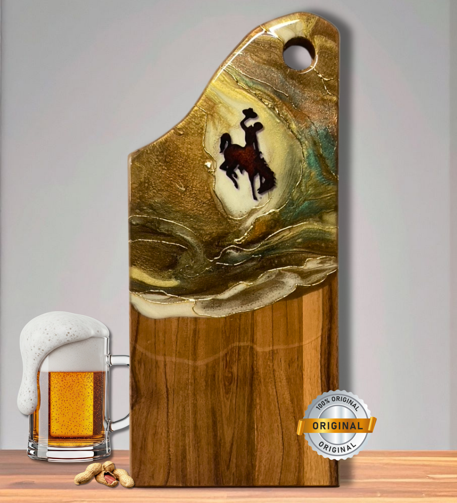 Handmade acacia wood charcuterie board with bucking horse design, resin art, and 24K gold accents inspired by Wyoming western heritage