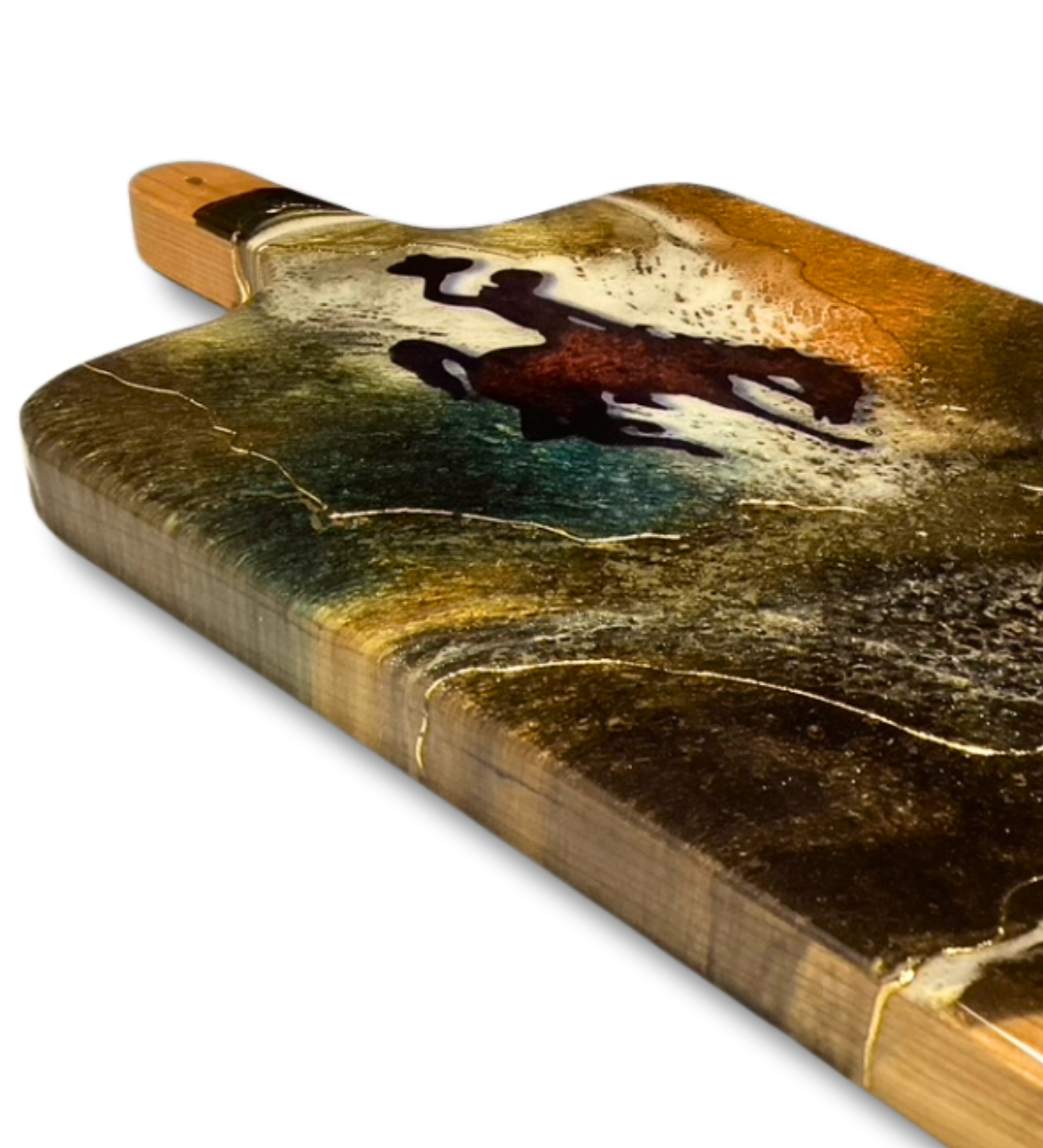 Handmade Wyoming cowboy charcuterie board with resin art and 24K gold accents on solid hardwood serving board