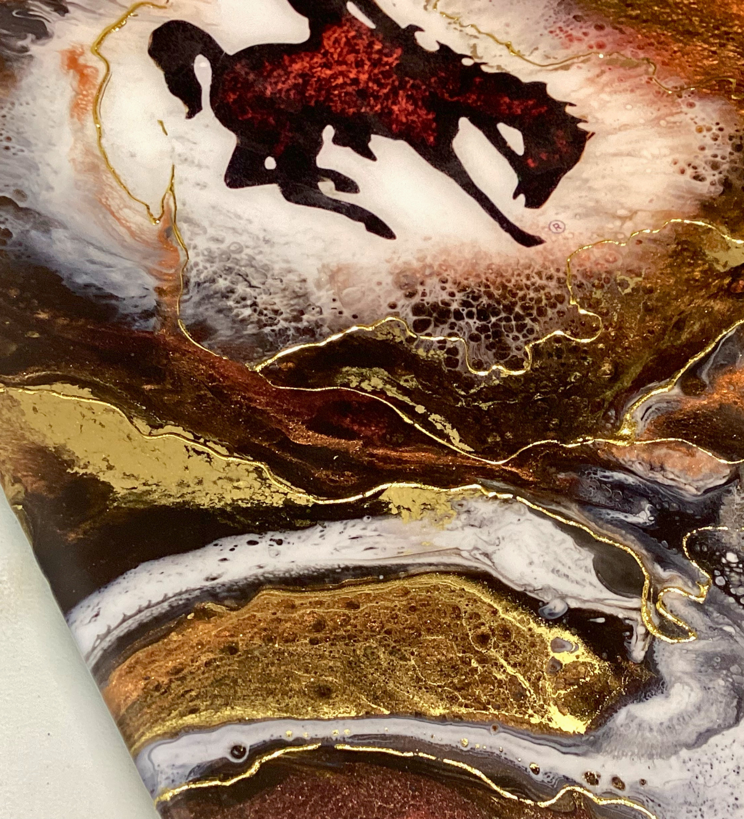 Handmade Wyoming Cowboy charcuterie board with resin art and 24K gold accents. A one-of-a-kind serving piece that doubles as Western wall art.