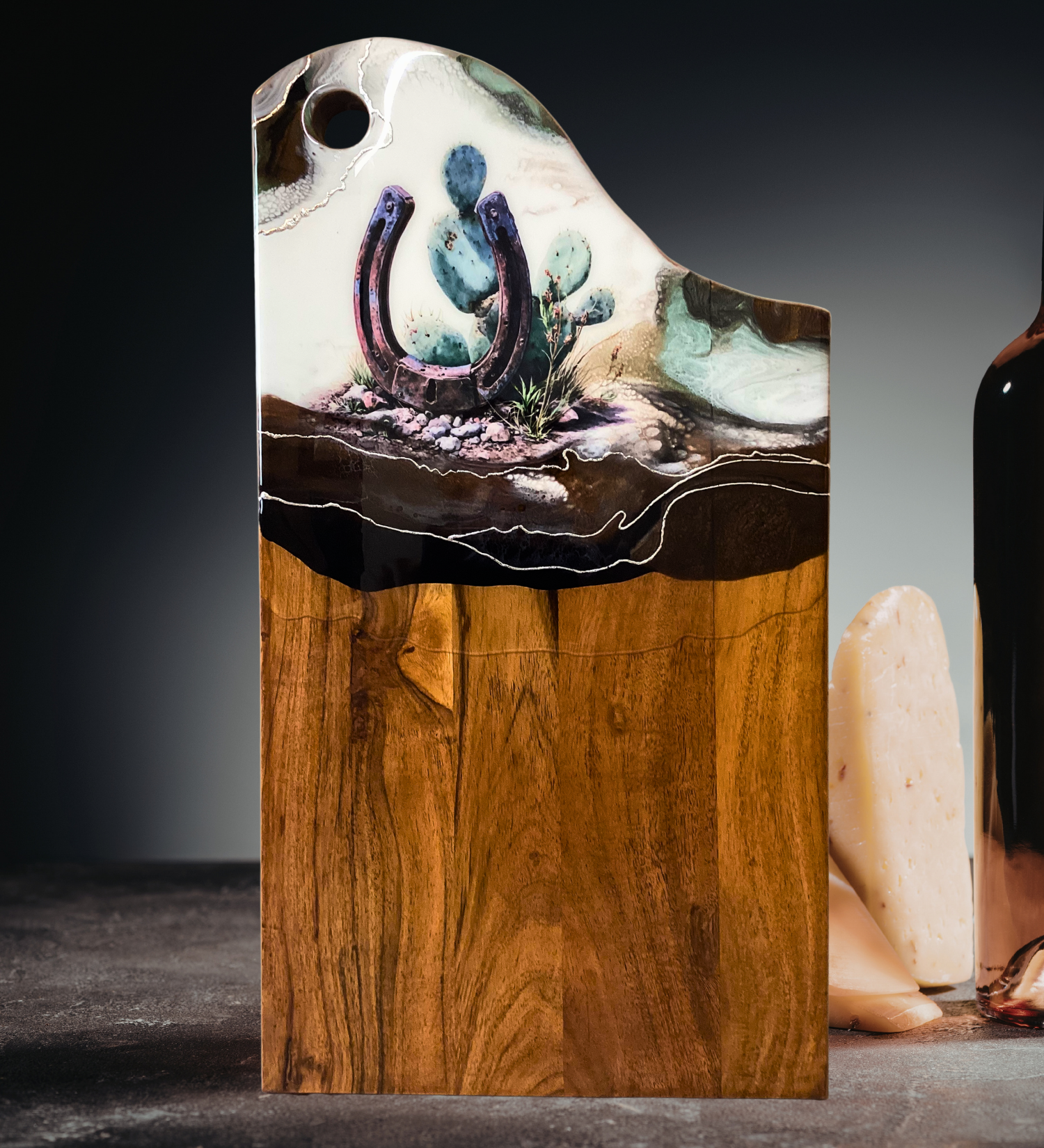 22" Rustic Horseshoe & Cactus Acacia Charcuterie Board - Original Artwork