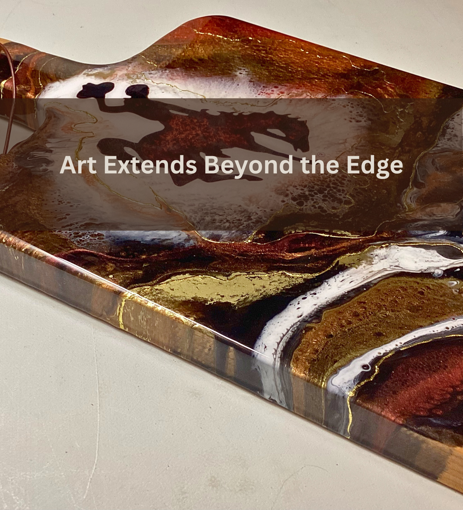 Handmade Wyoming Cowboy charcuterie board with resin art and 24K gold accents. A one-of-a-kind serving piece that doubles as Western wall art.